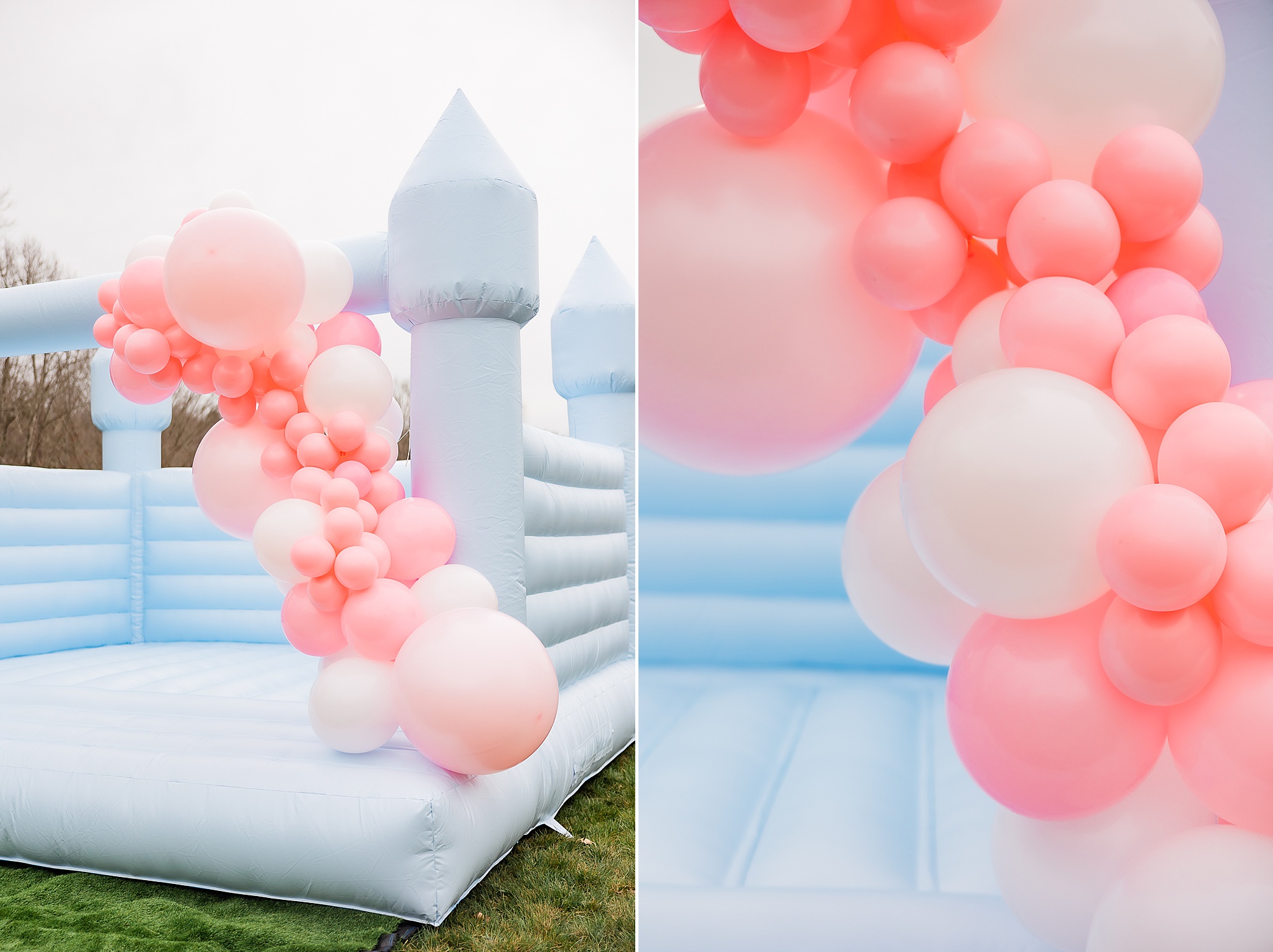 pastel blue bounce house with pink balloon arch for Princess themed first birthday party