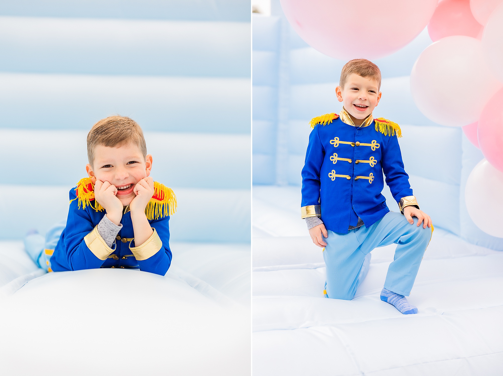 brother poses in prince costume during Princess themed first birthday party