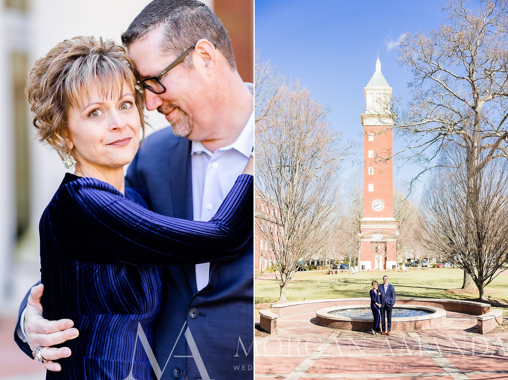 couple hugs by bell tower at Queens University