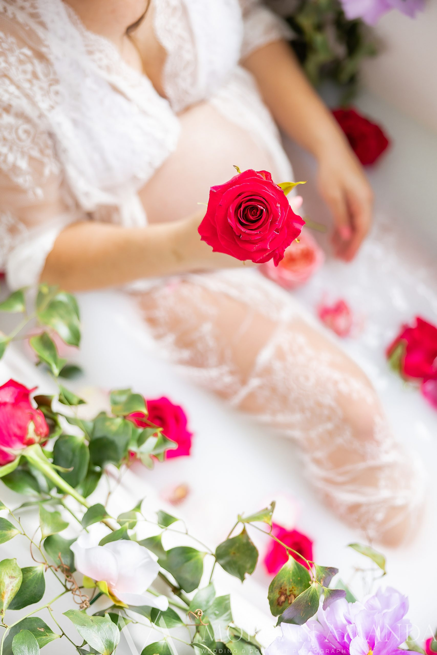 woman holds red flower by belly during milk bath maternity portraits