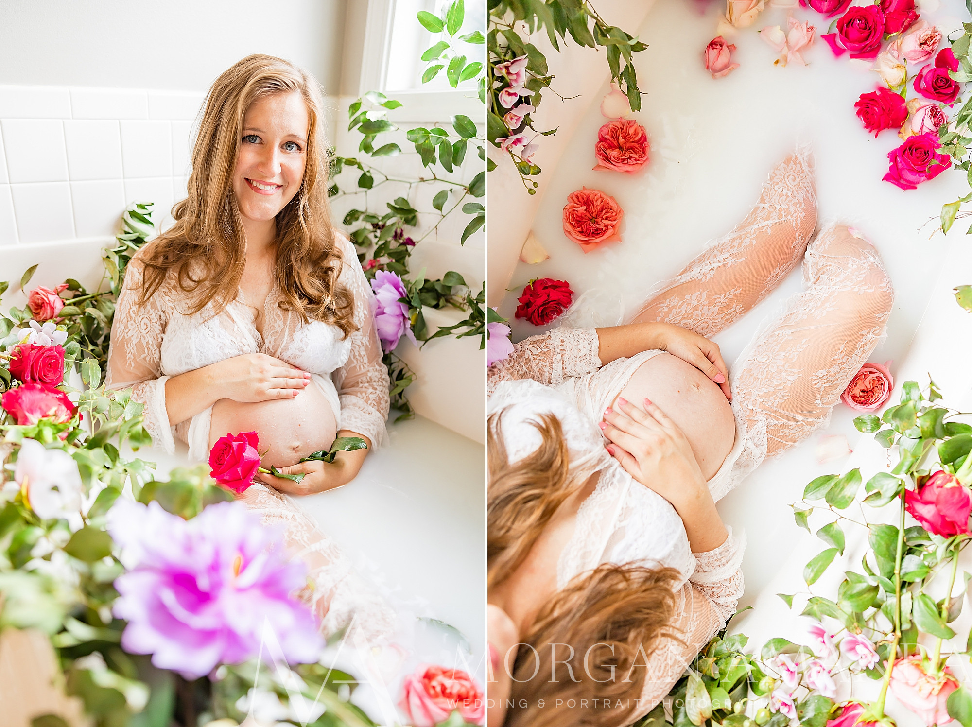 milk bath maternity portraits for expecting mother in white gown