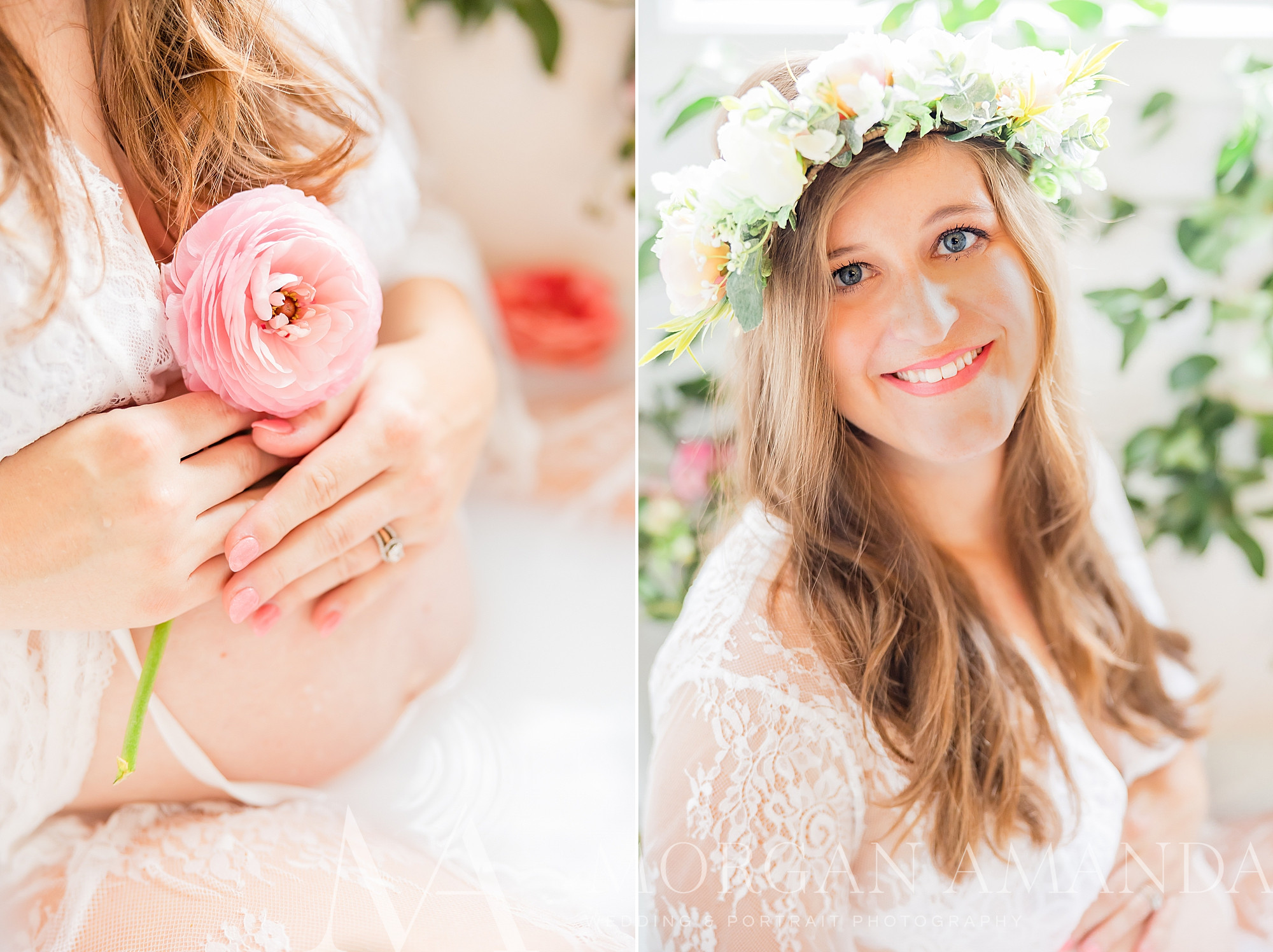 mom holds flower to belly during maternity photos