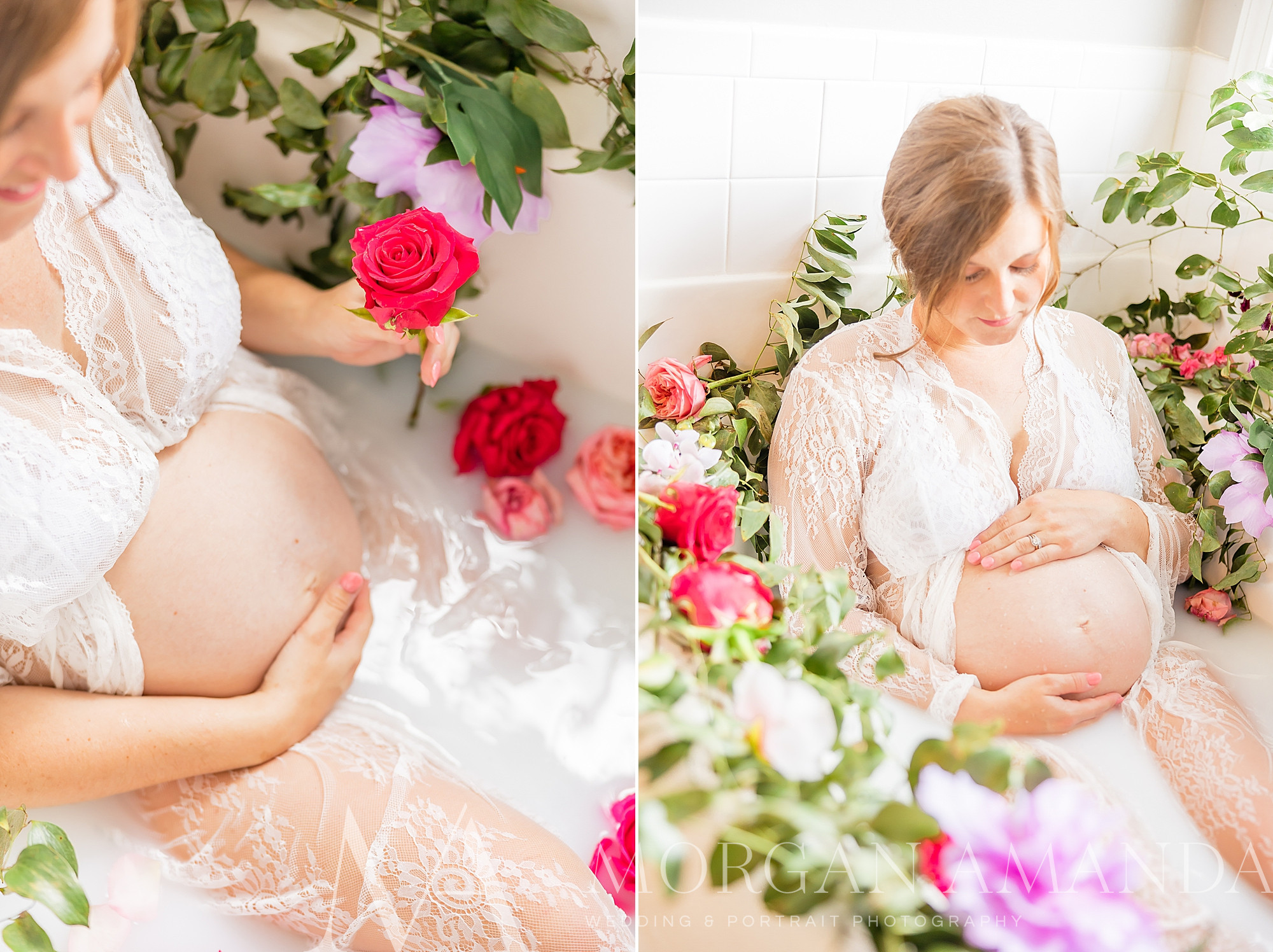 woman rests in tub during milk bath maternity portraits