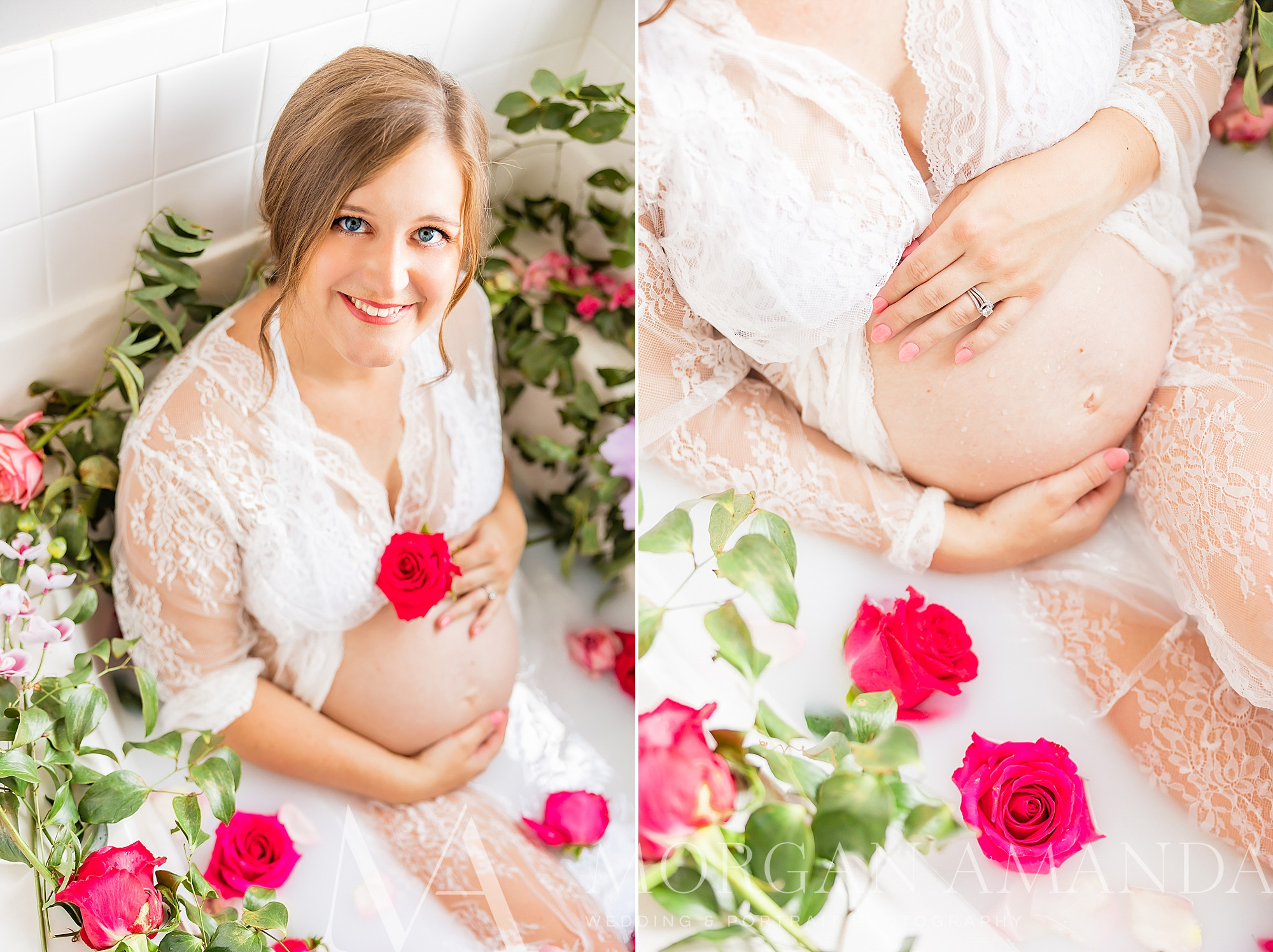 expecting mother holds flowers to belly during milk bath maternity portraits