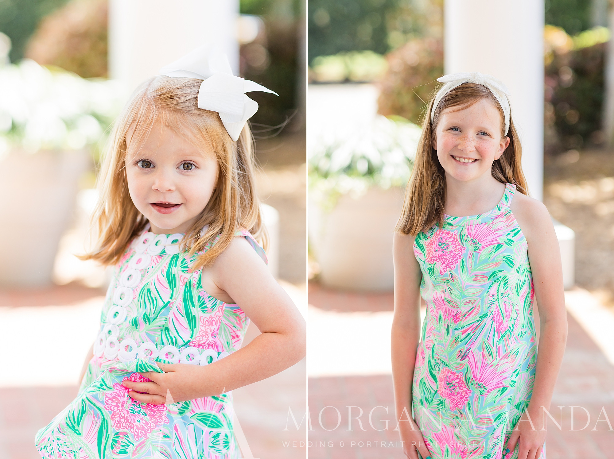 girls in Lily Pulitzer dresses pose together on Easter Sunday