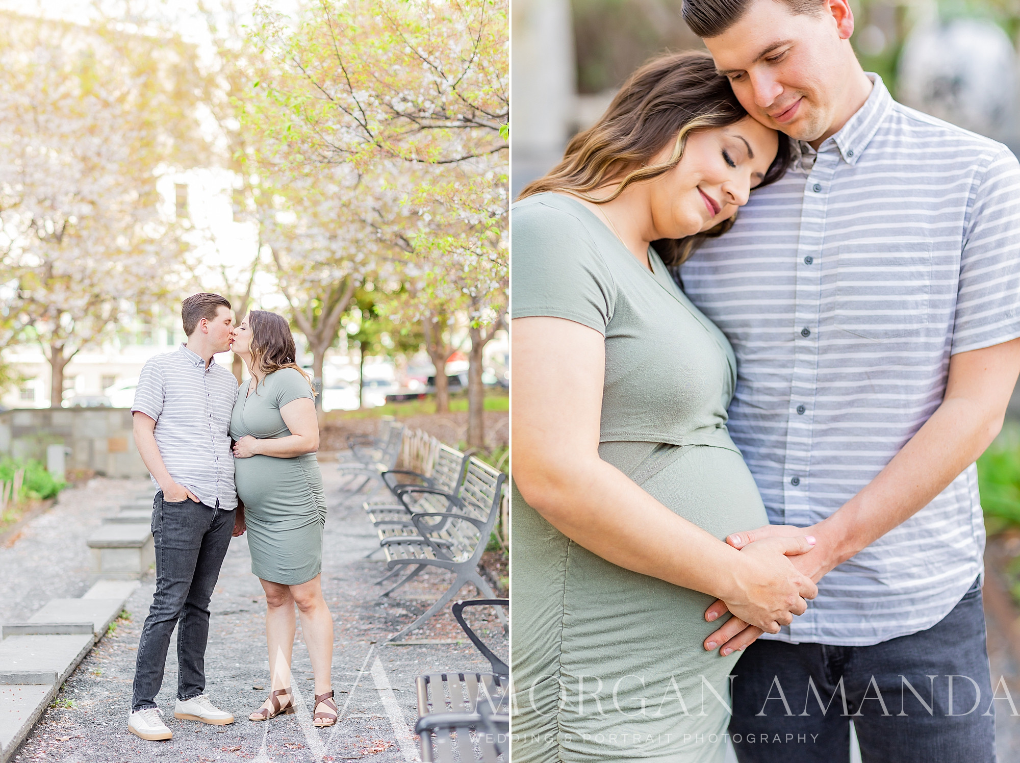 man kisses wife during Romeare Bearden Park maternity session