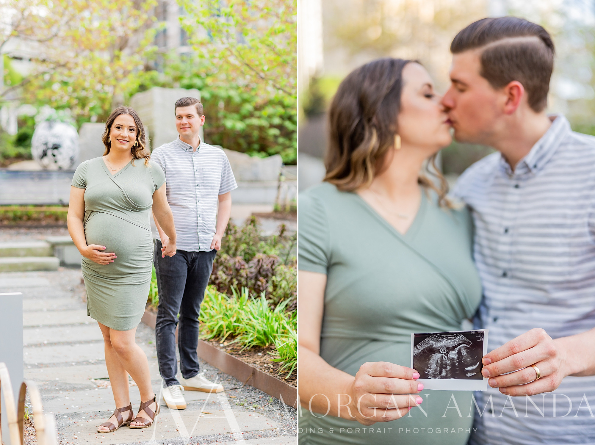 expecting parents hold sonogram during Romeare Bearden Park maternity portraits 