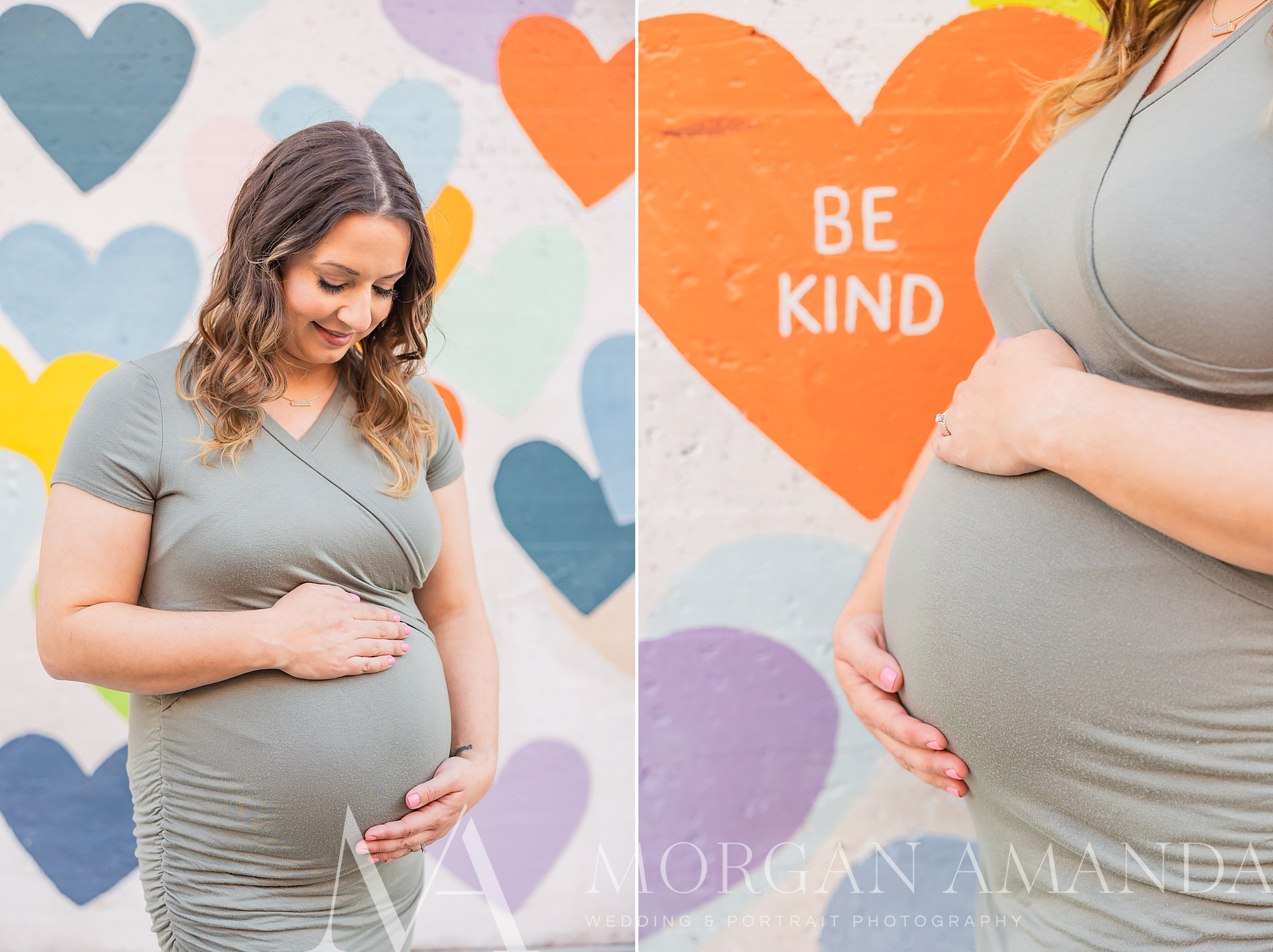 expecting mother poses by bright heart wall in Uptown Charlotte 