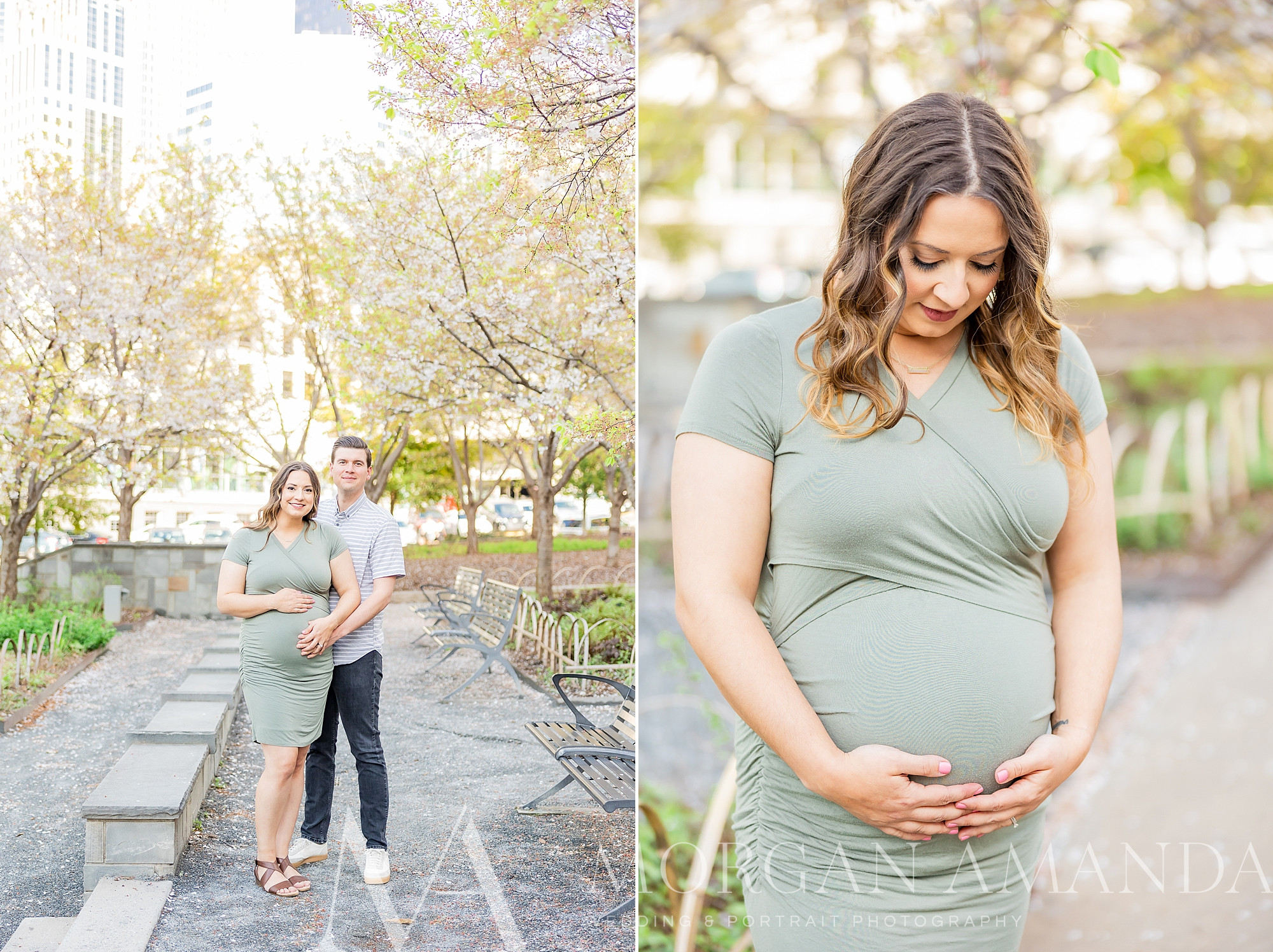 woman in pastel green dress holds baby belly during Romeare Bearden Park maternity session
