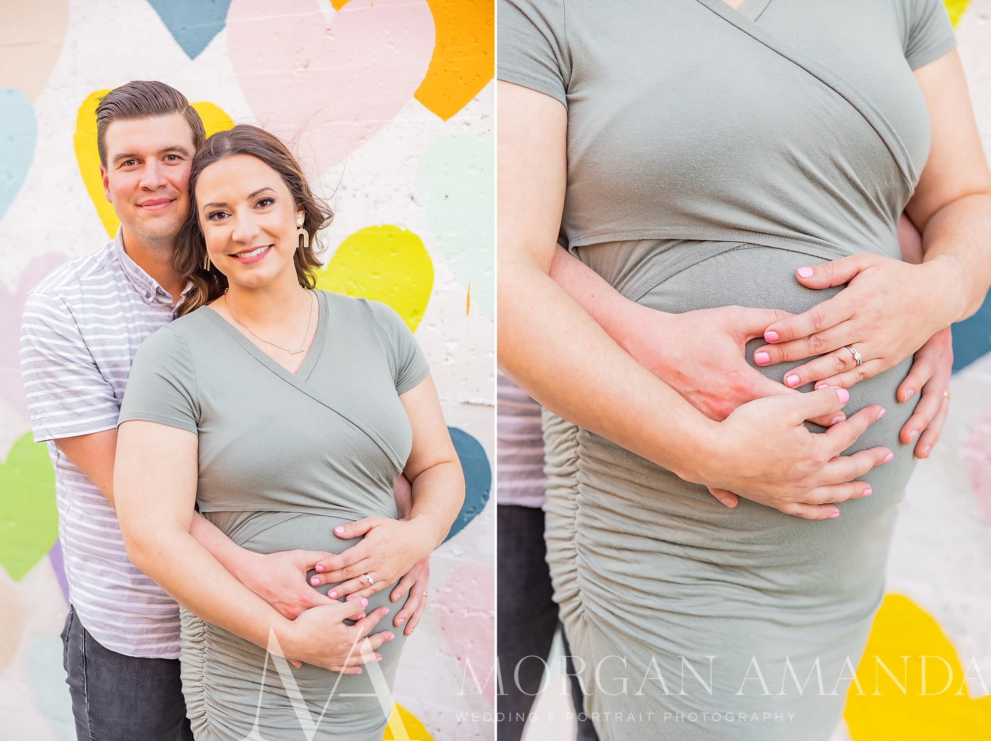 Uptown Charlotte maternity session against heart wall for mom in pale green dress