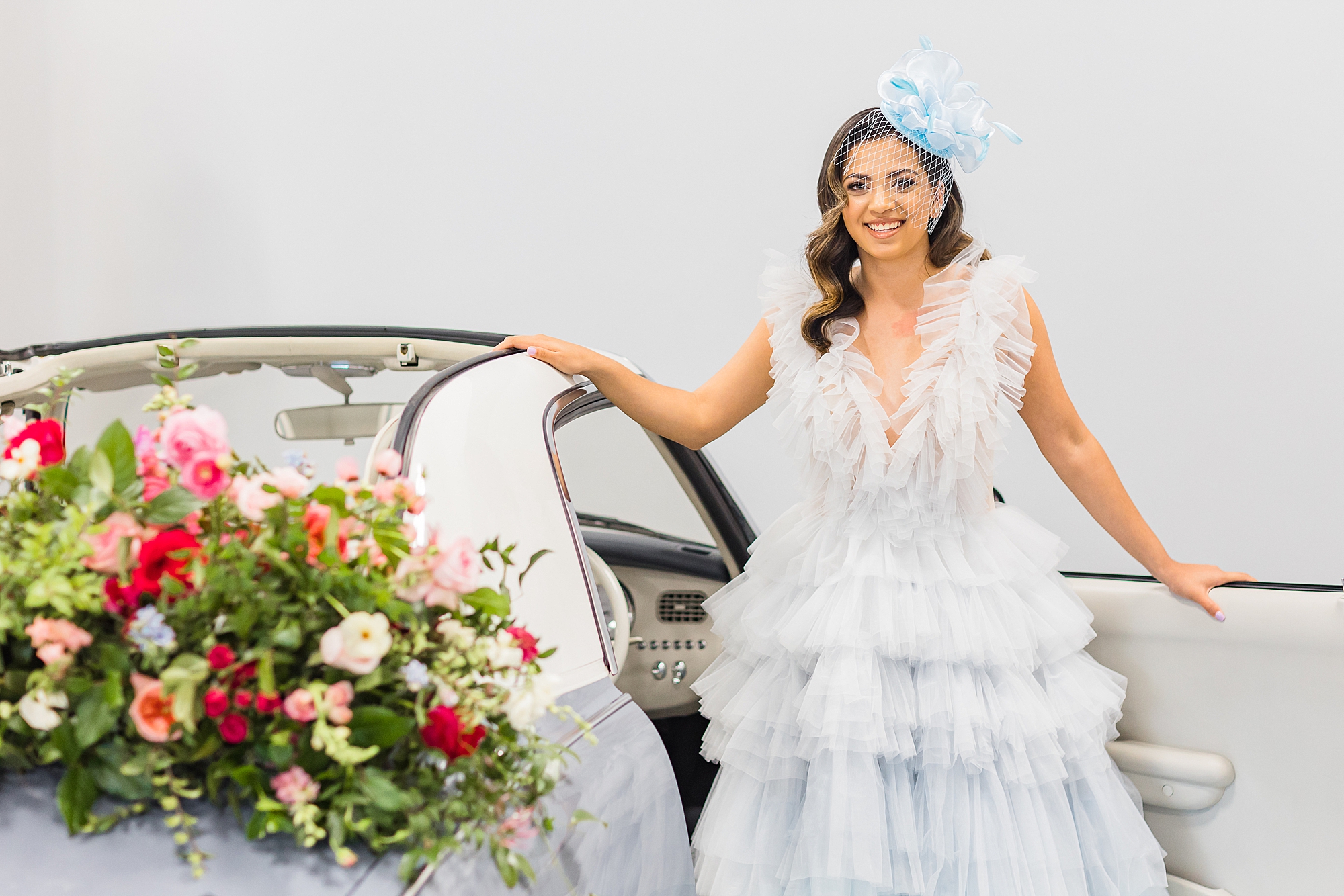 bride stands by Figgy the Car