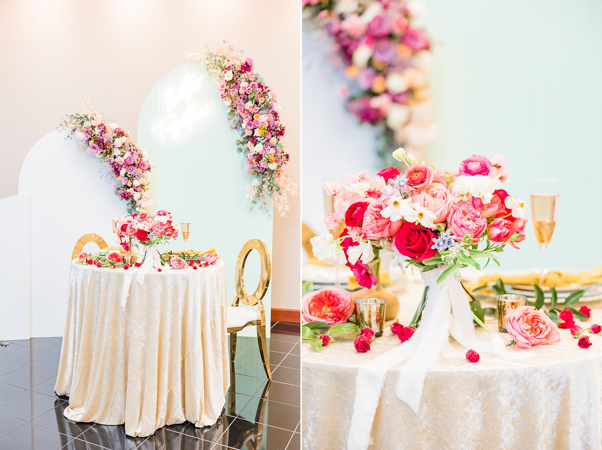 floral display by sweetheart table with pink and red flowers