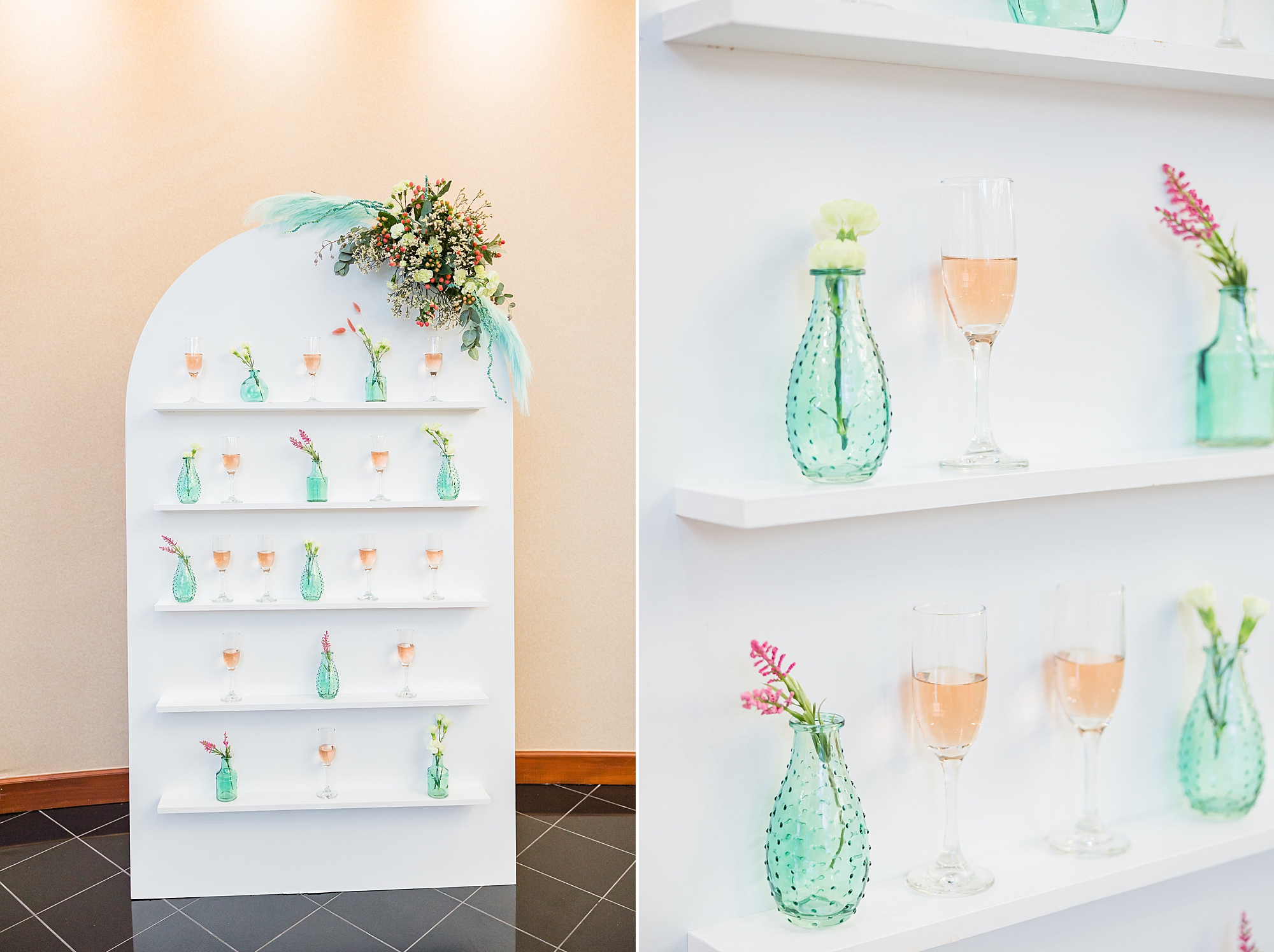 champagne wall with vintage glass vases