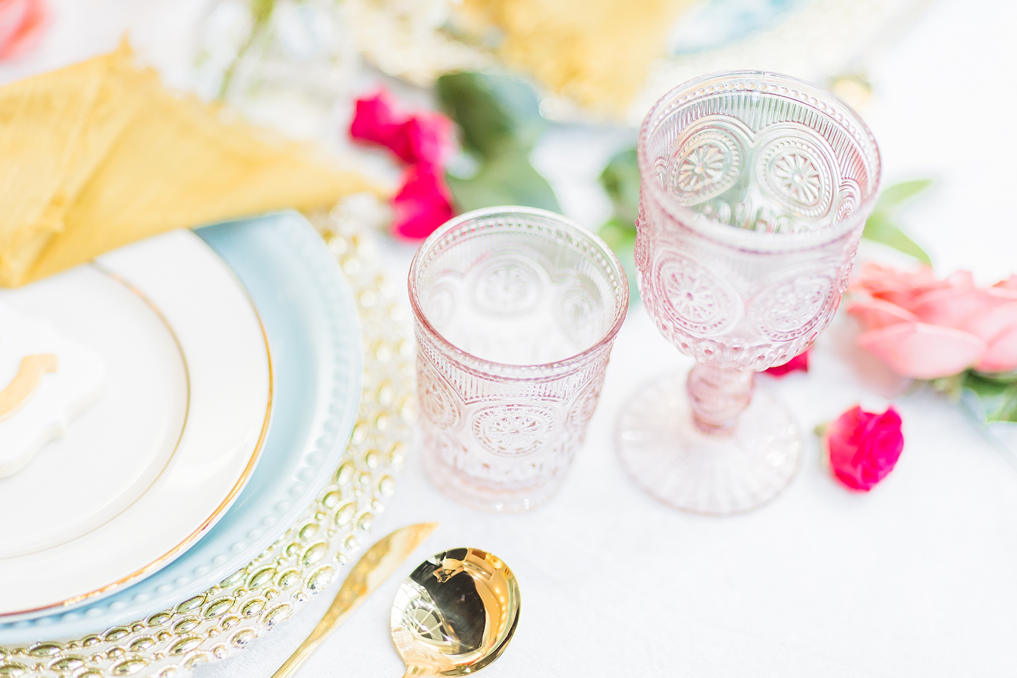 vintage glass details for place settings at springtime wedding styled shoot