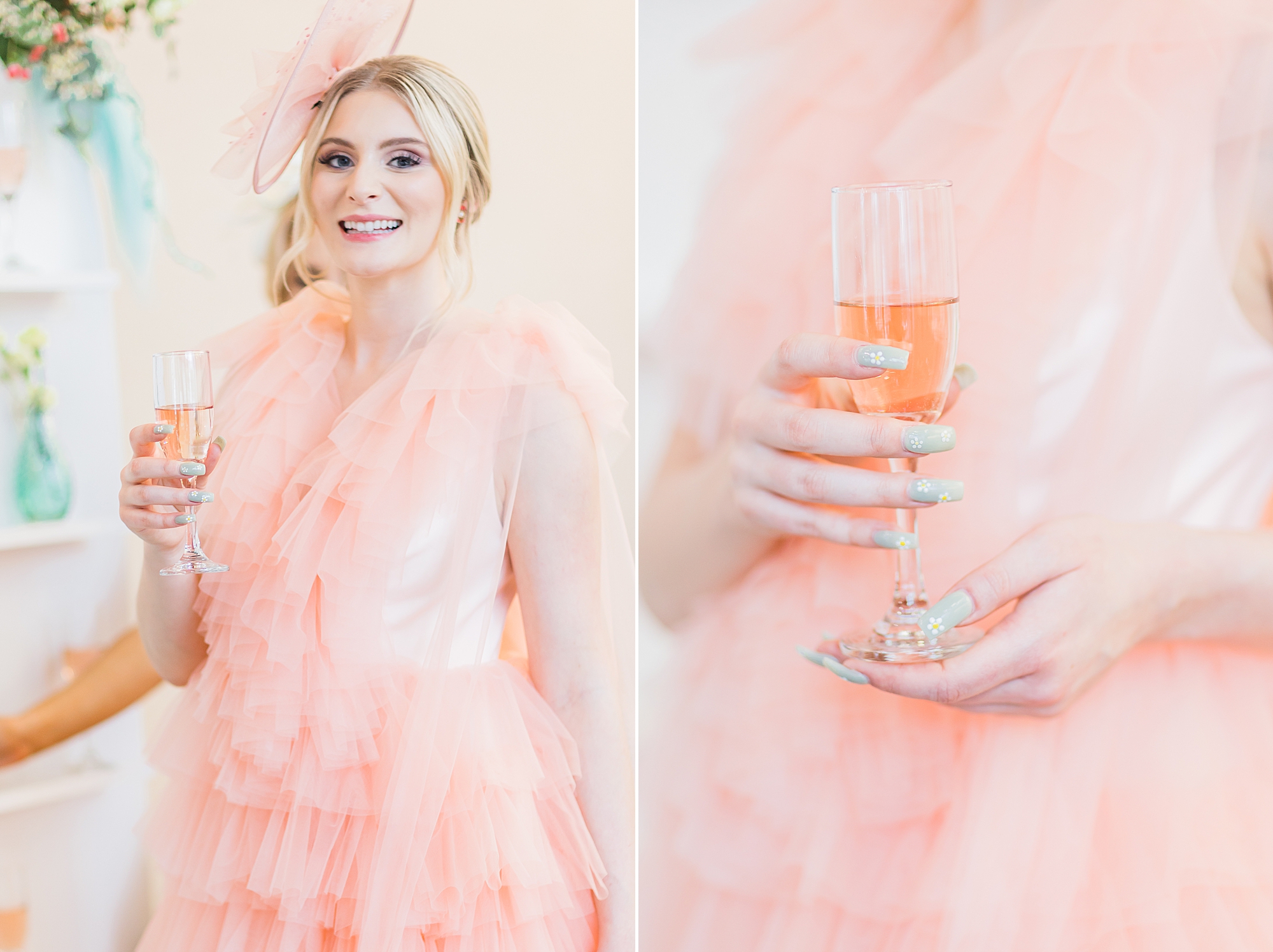 woman in pink gown holds champagne 