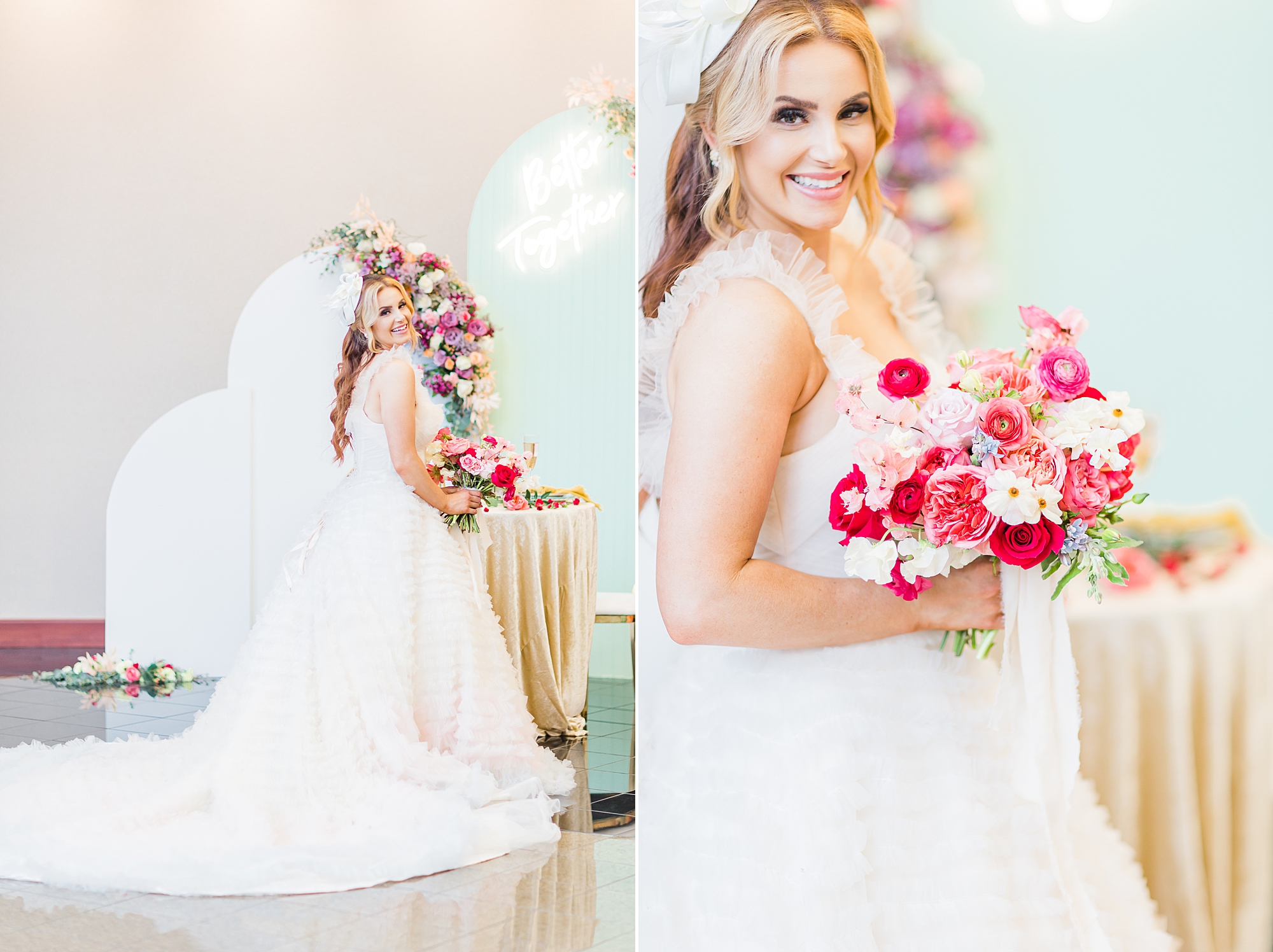 bride holds bouquet of pink and white flowers