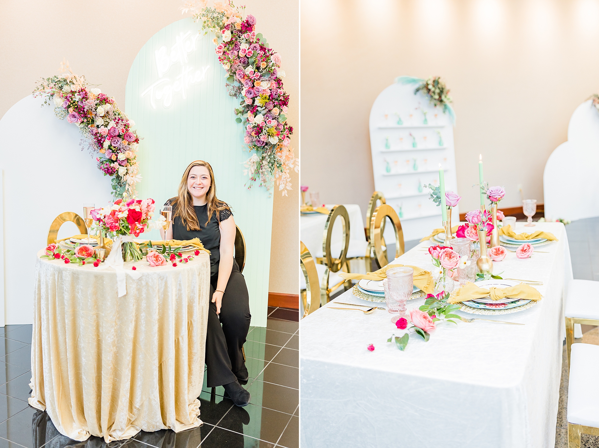 woman stands by floral display on sweetheart table during springtime wedding styled shoot