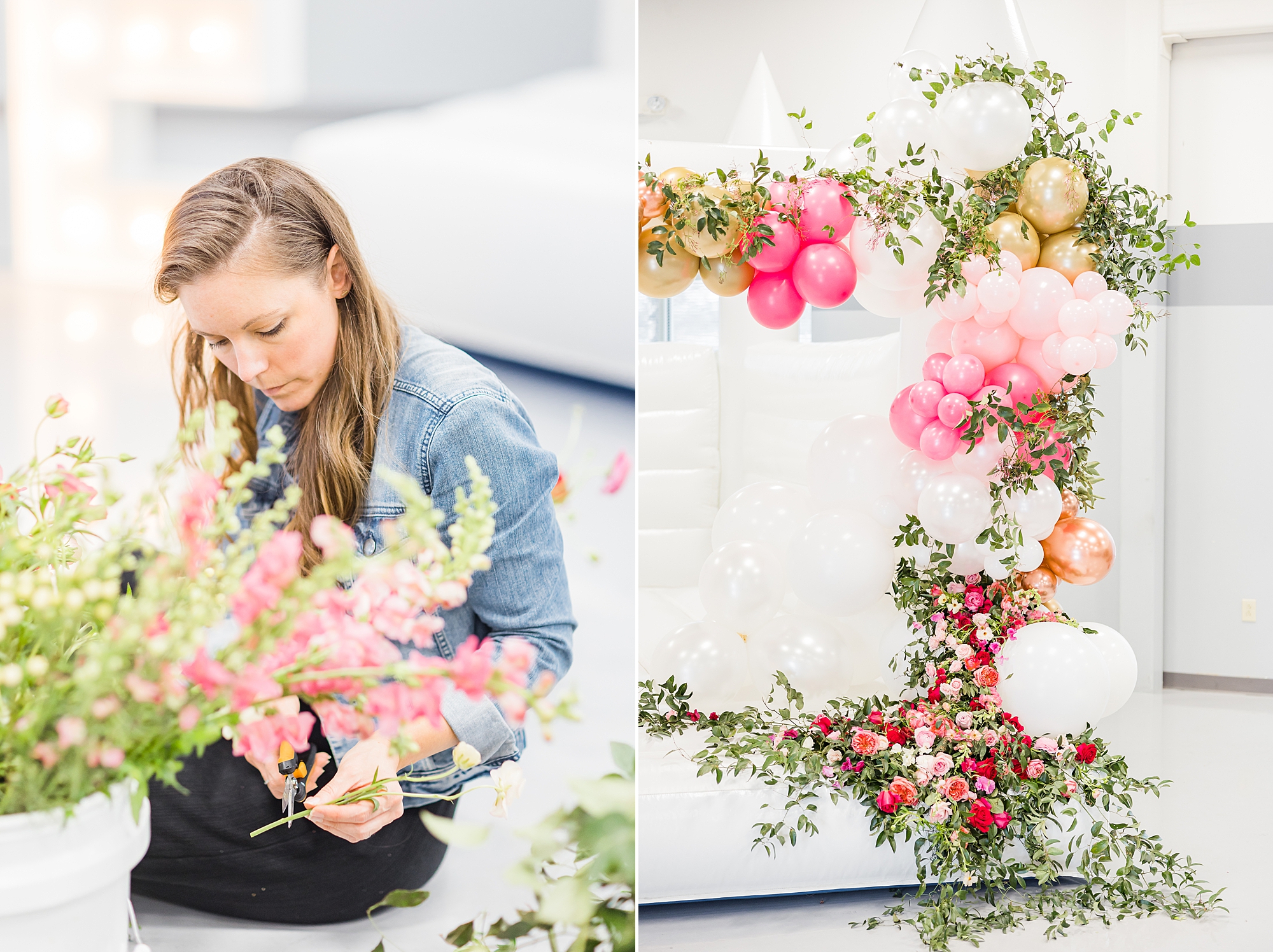 woman sets up floral display for spring wedding
