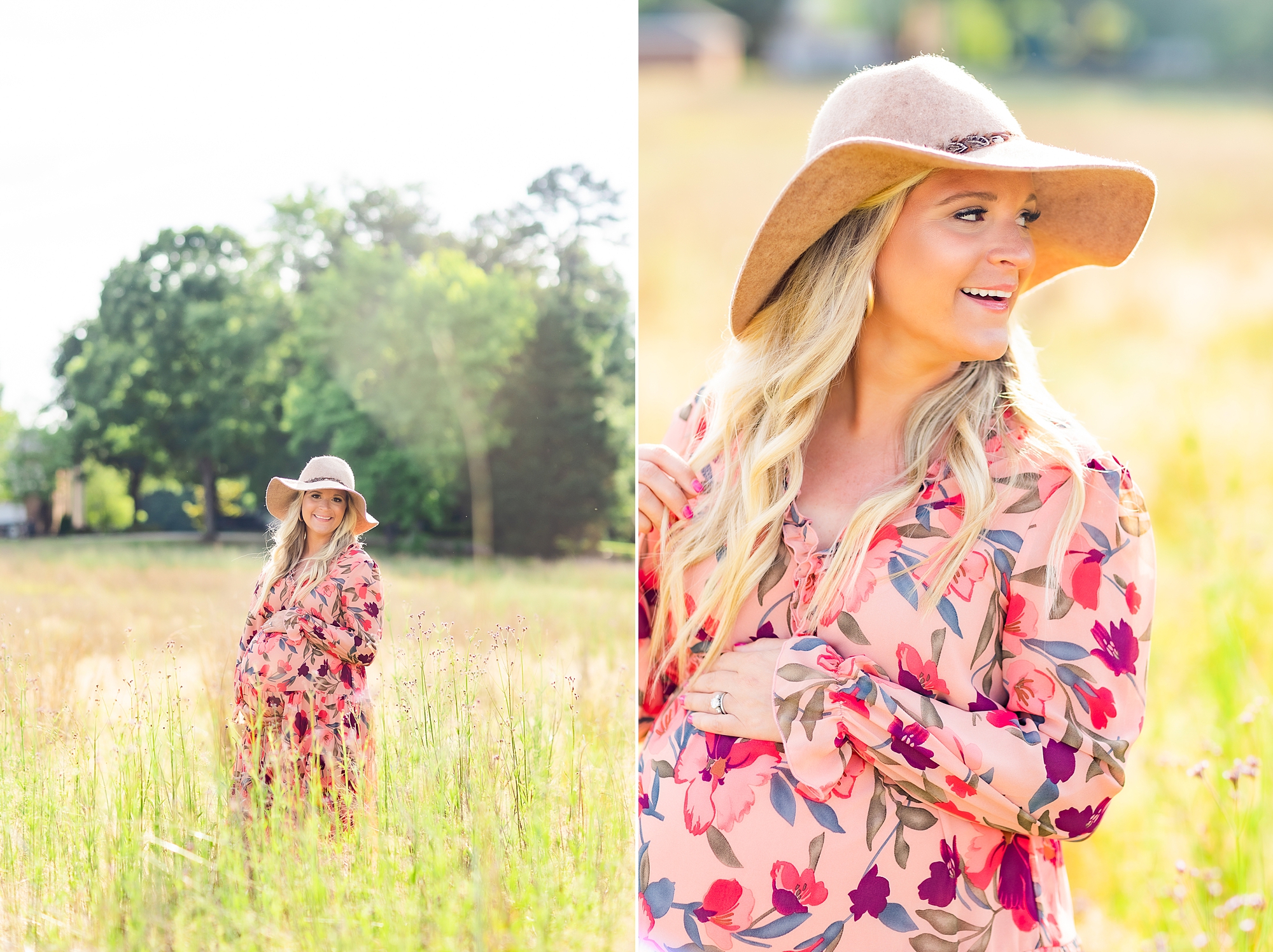 mother in pink gown with floppy hat smiles in field during maternity photos 