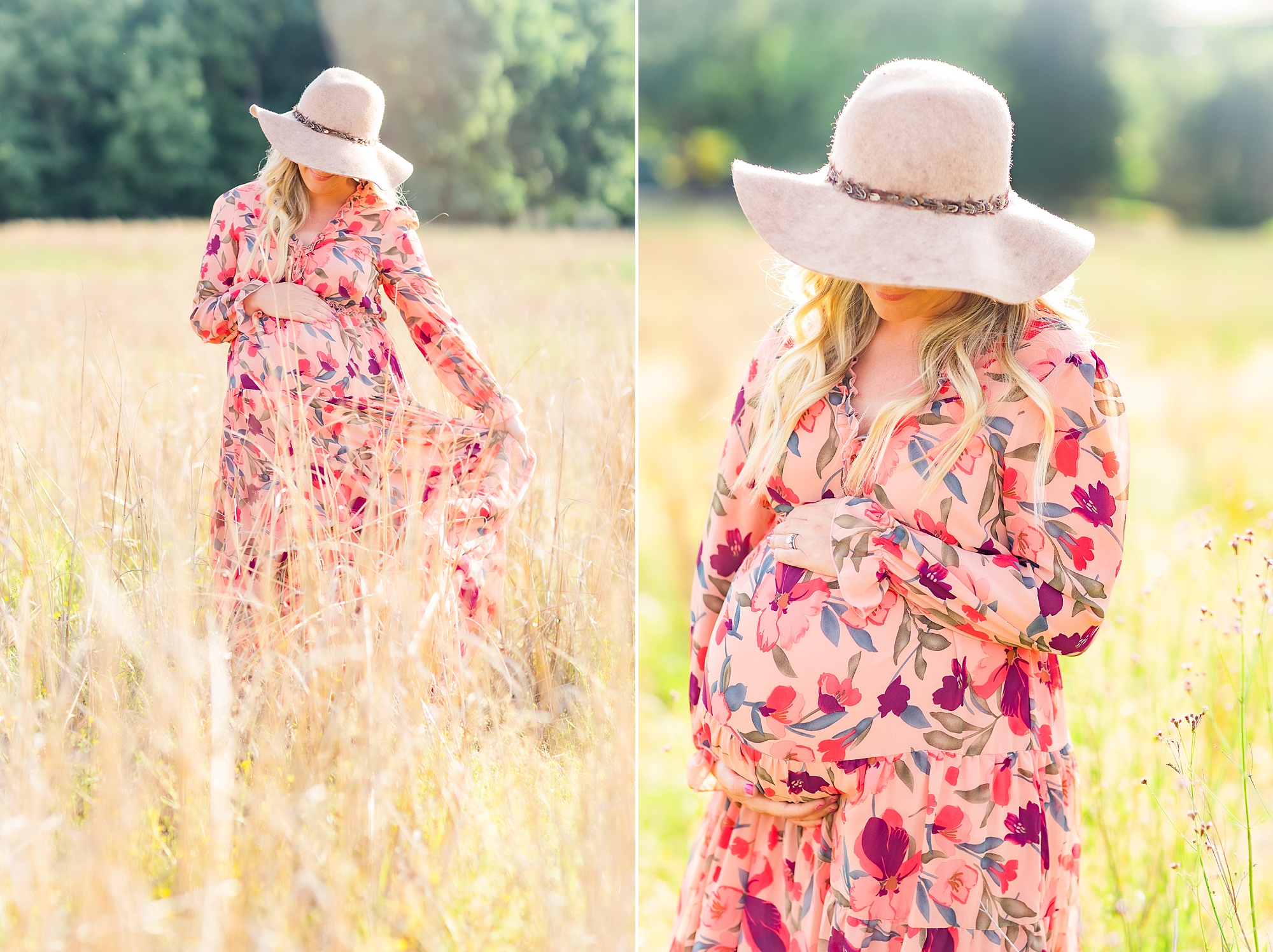 mom looks down at bump during maternity portraits in Charlotte field