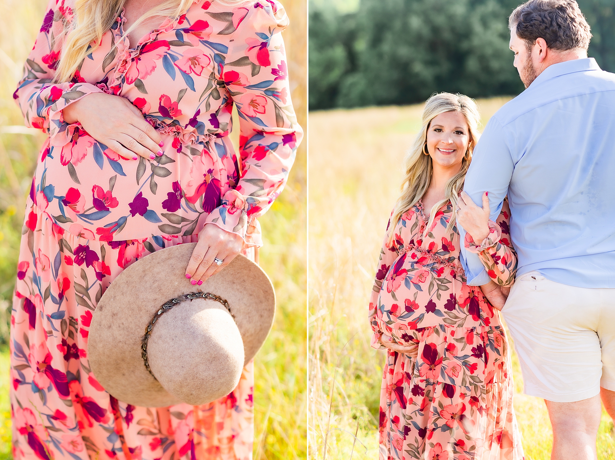 woman in pink gown with floppy hat holds belly during maternity portraits in Charlotte field