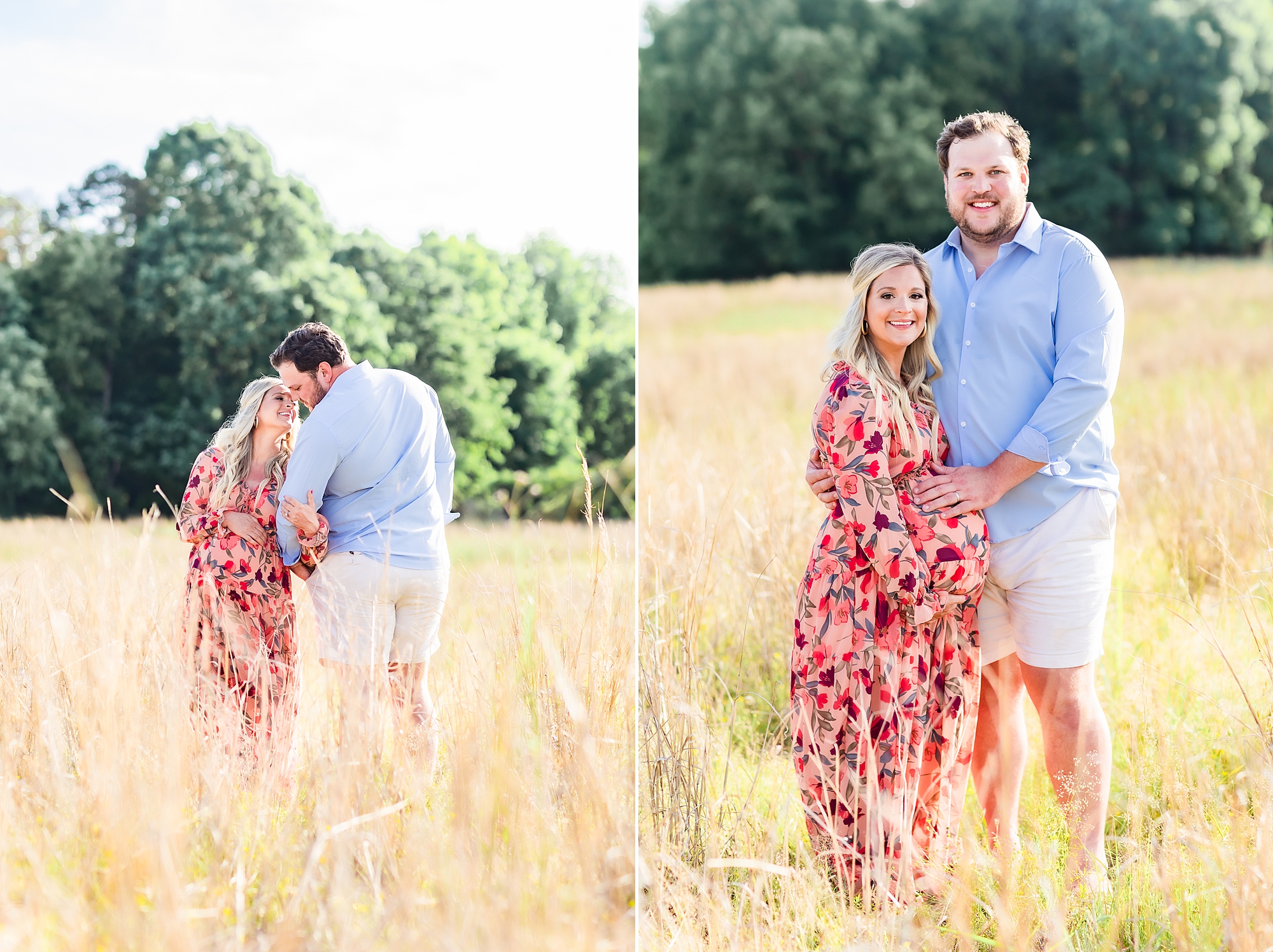 new parents stand together in field during maternity photos