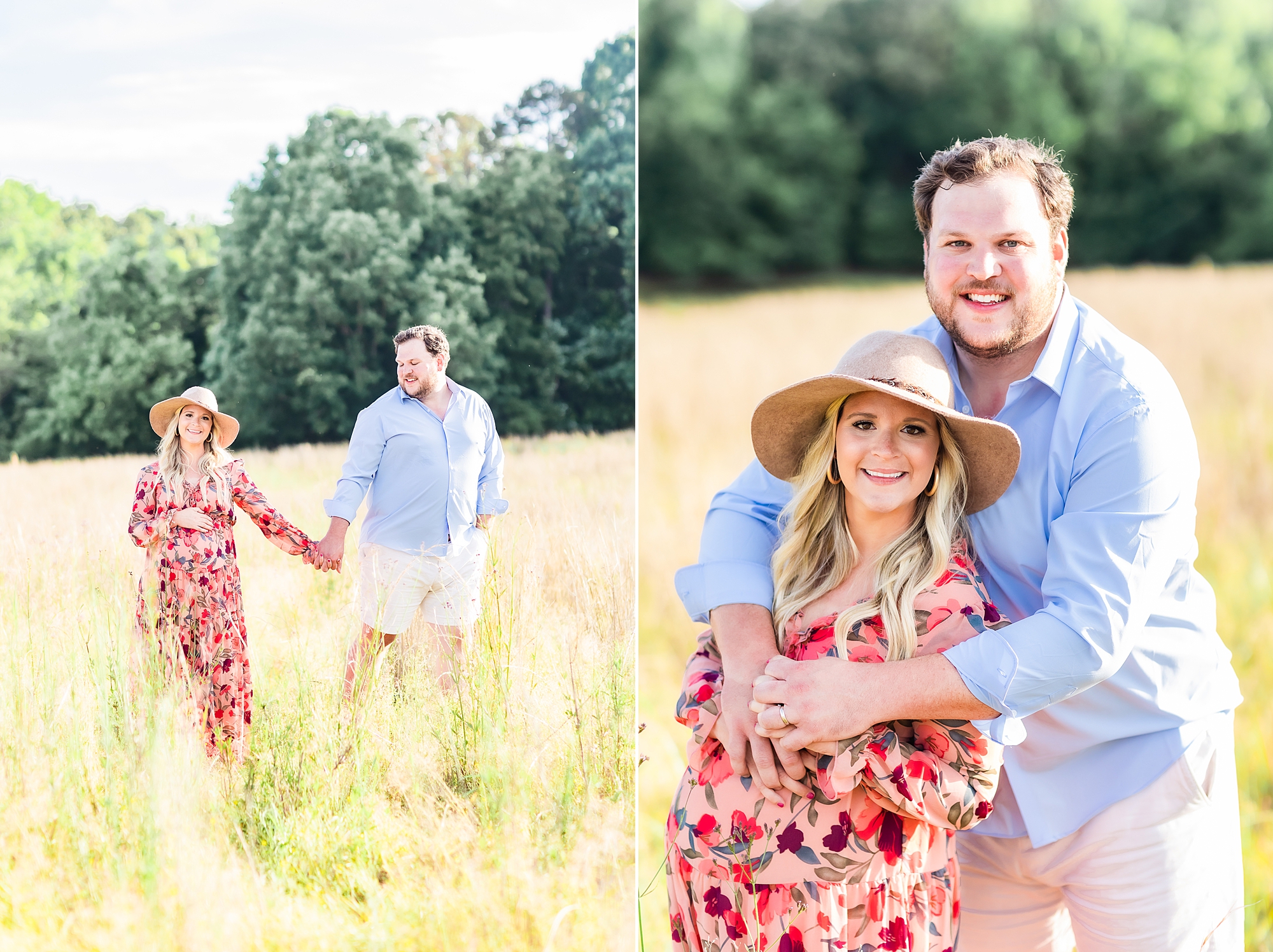 man hugs wife from behind during maternity portraits in Charlotte field