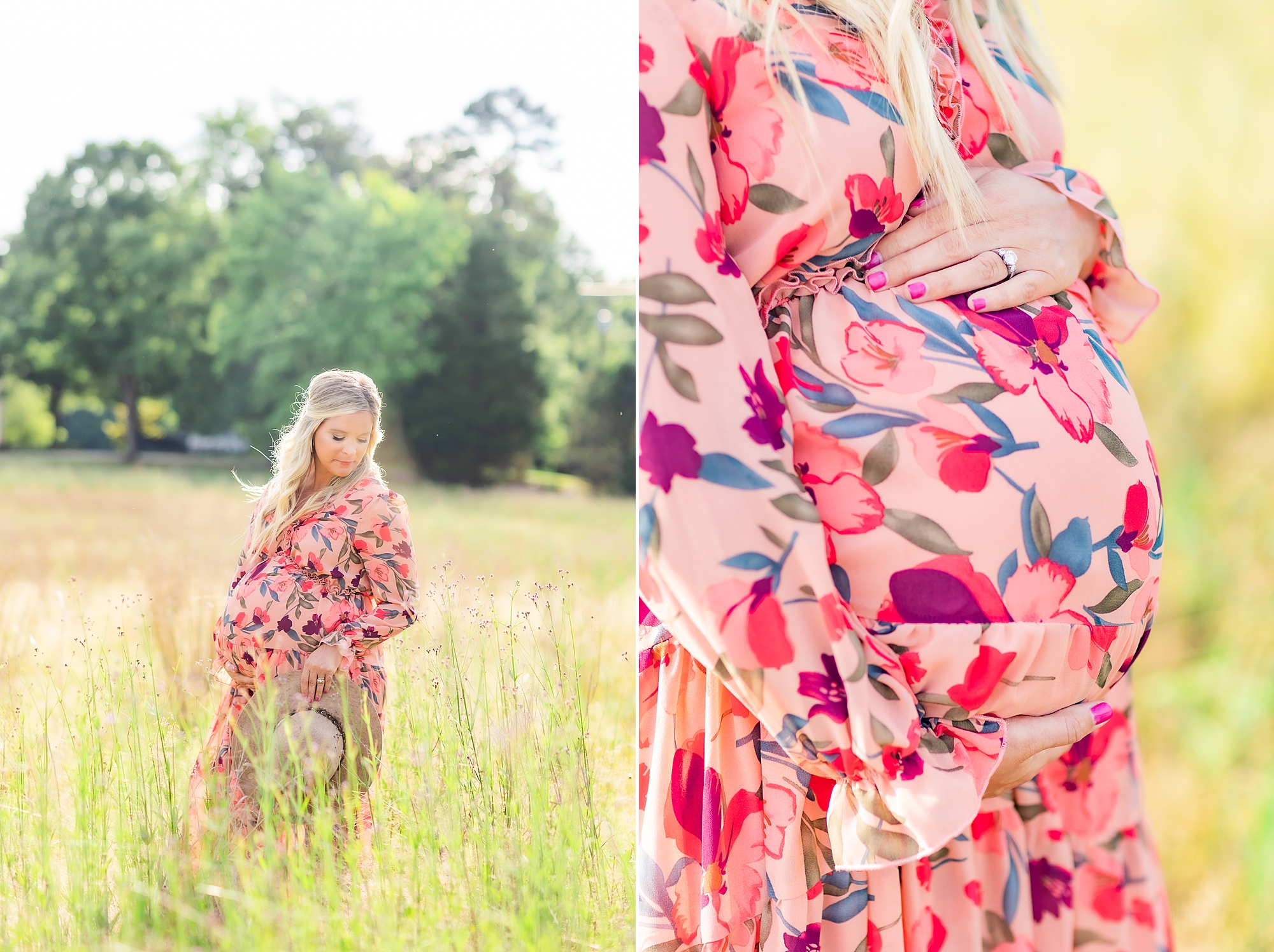 woman in pink gown holds baby bump during maternity portraits in Charlotte field