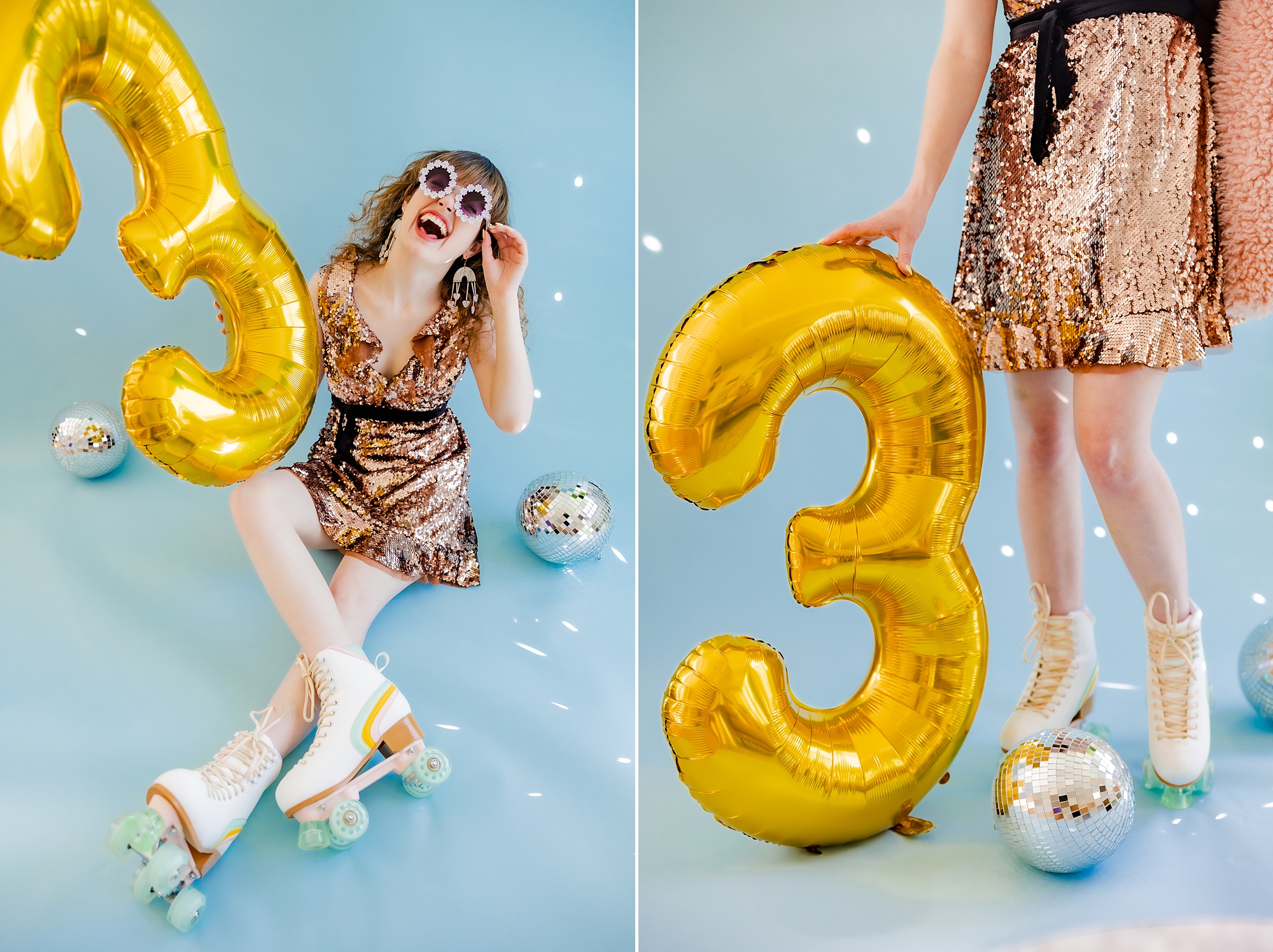 woman stands next to golden 3 balloon in roller skates 