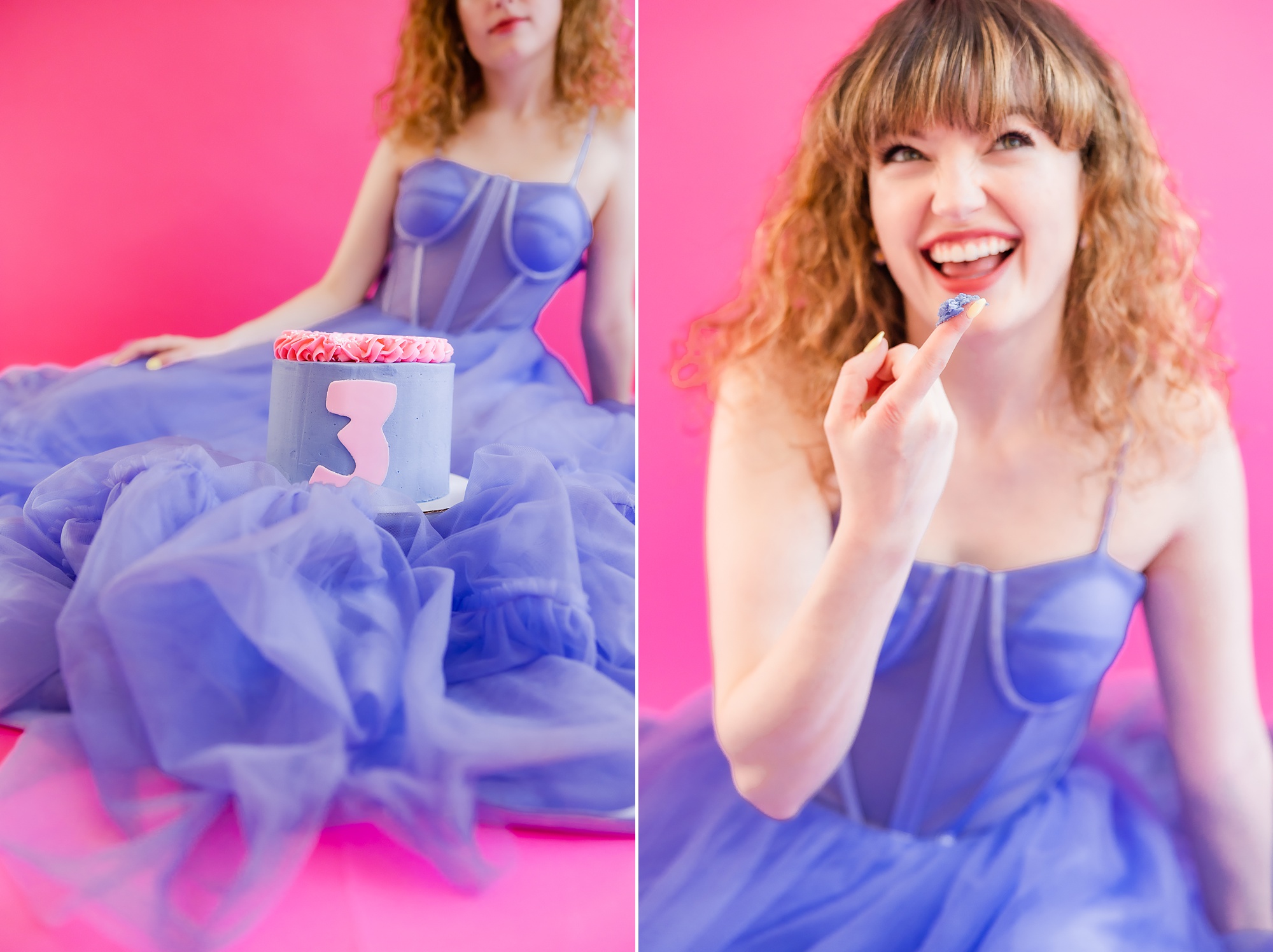 playful branding portraits for business owner in purple dress on pink backdrop