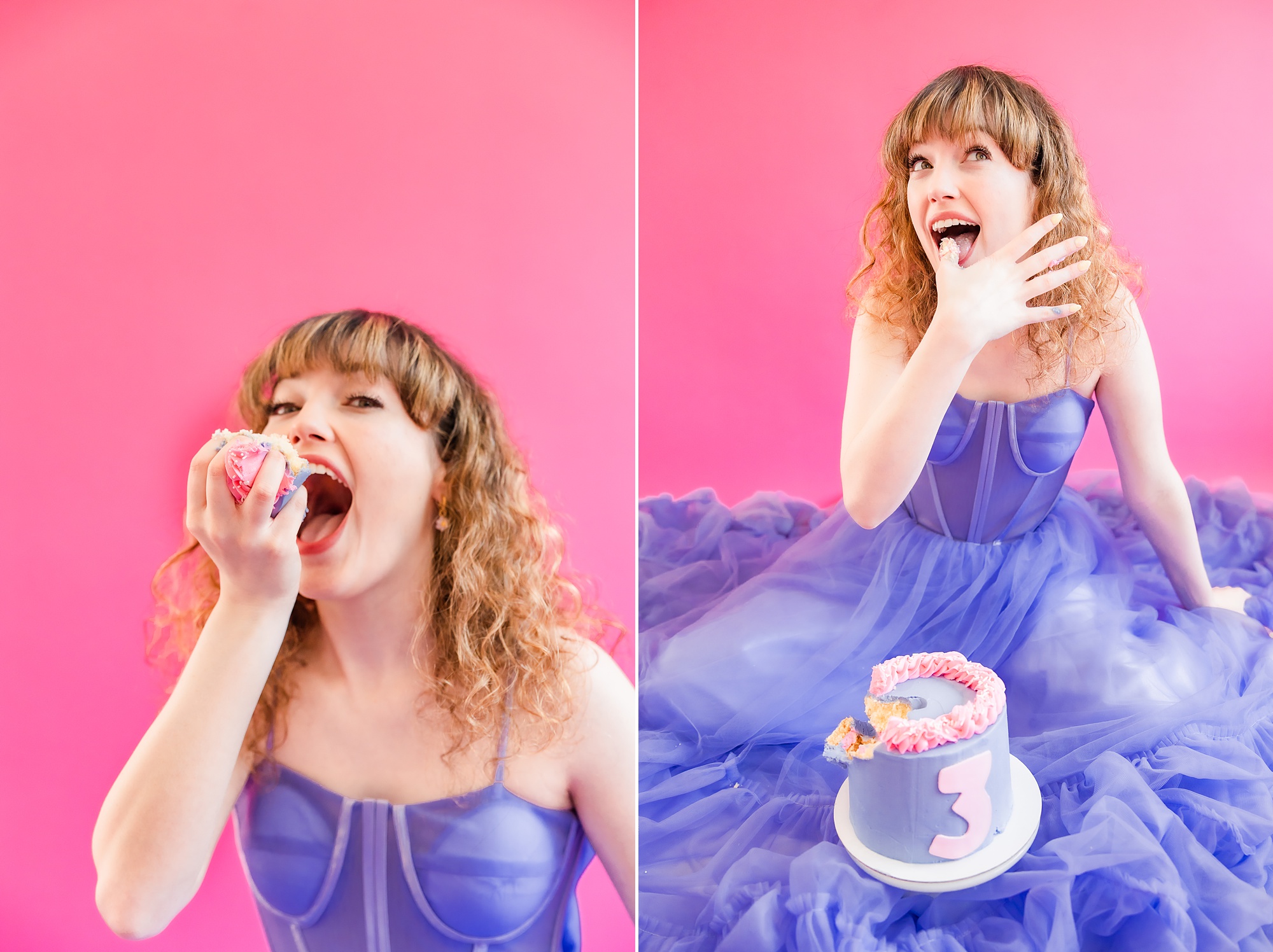 woman eats purple and pink cake during playful branding portraits