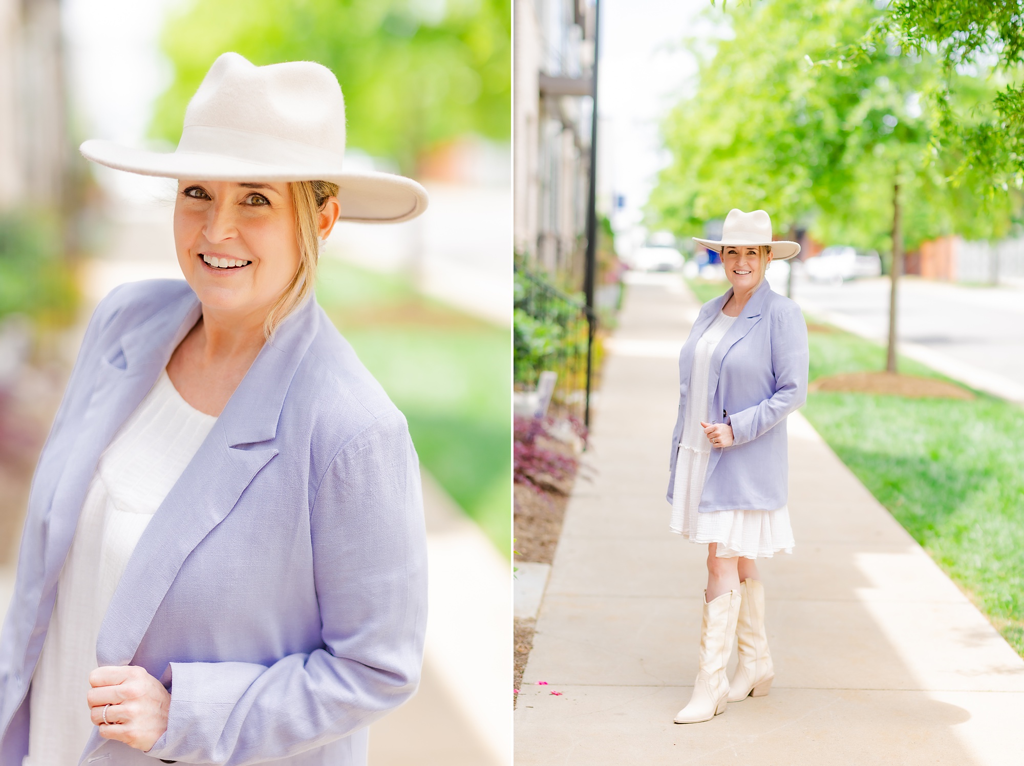 woman in purple jacket and white hat poses on sidewalk