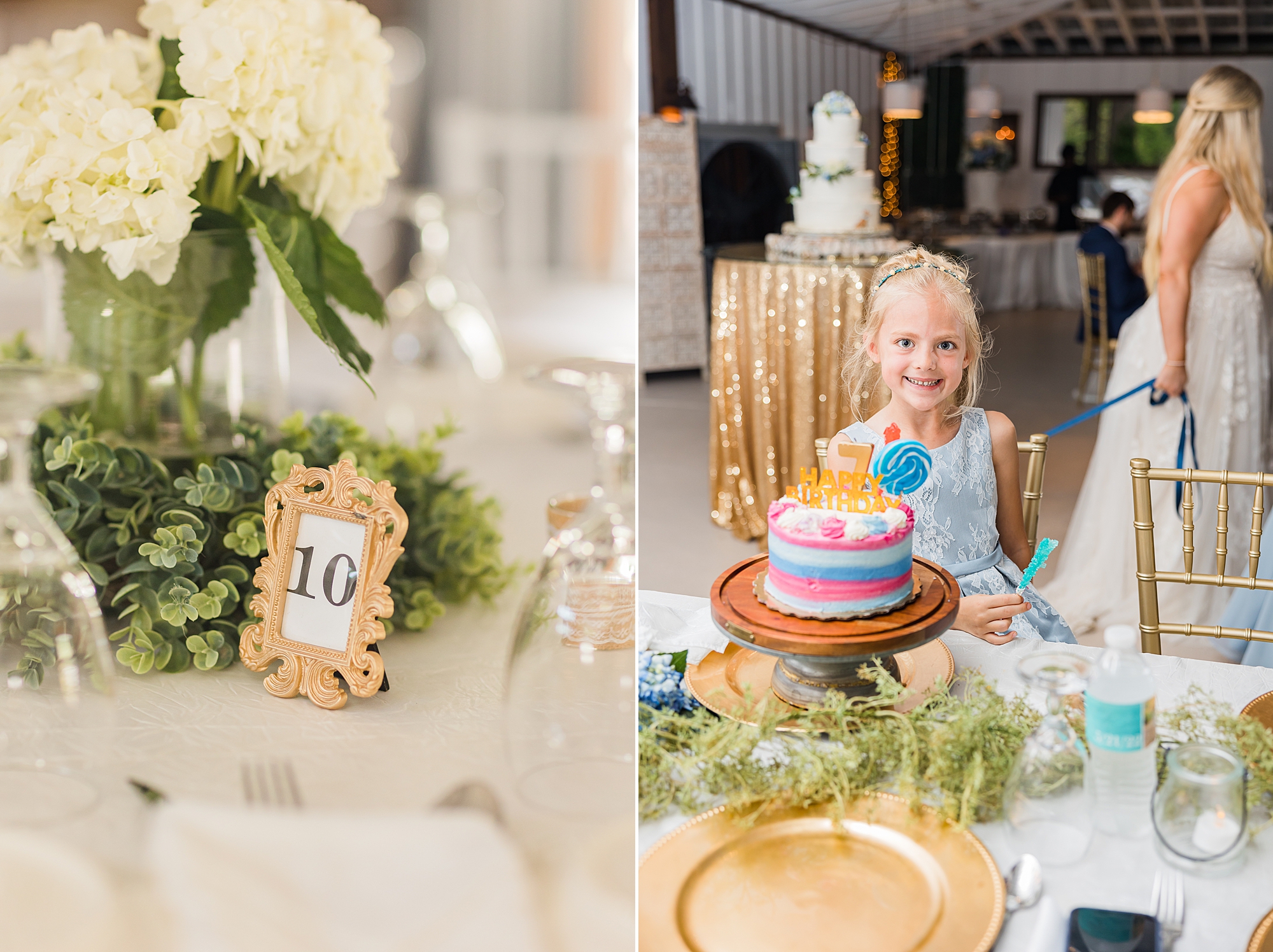 flower girl sits by cake at Vintage White Barn