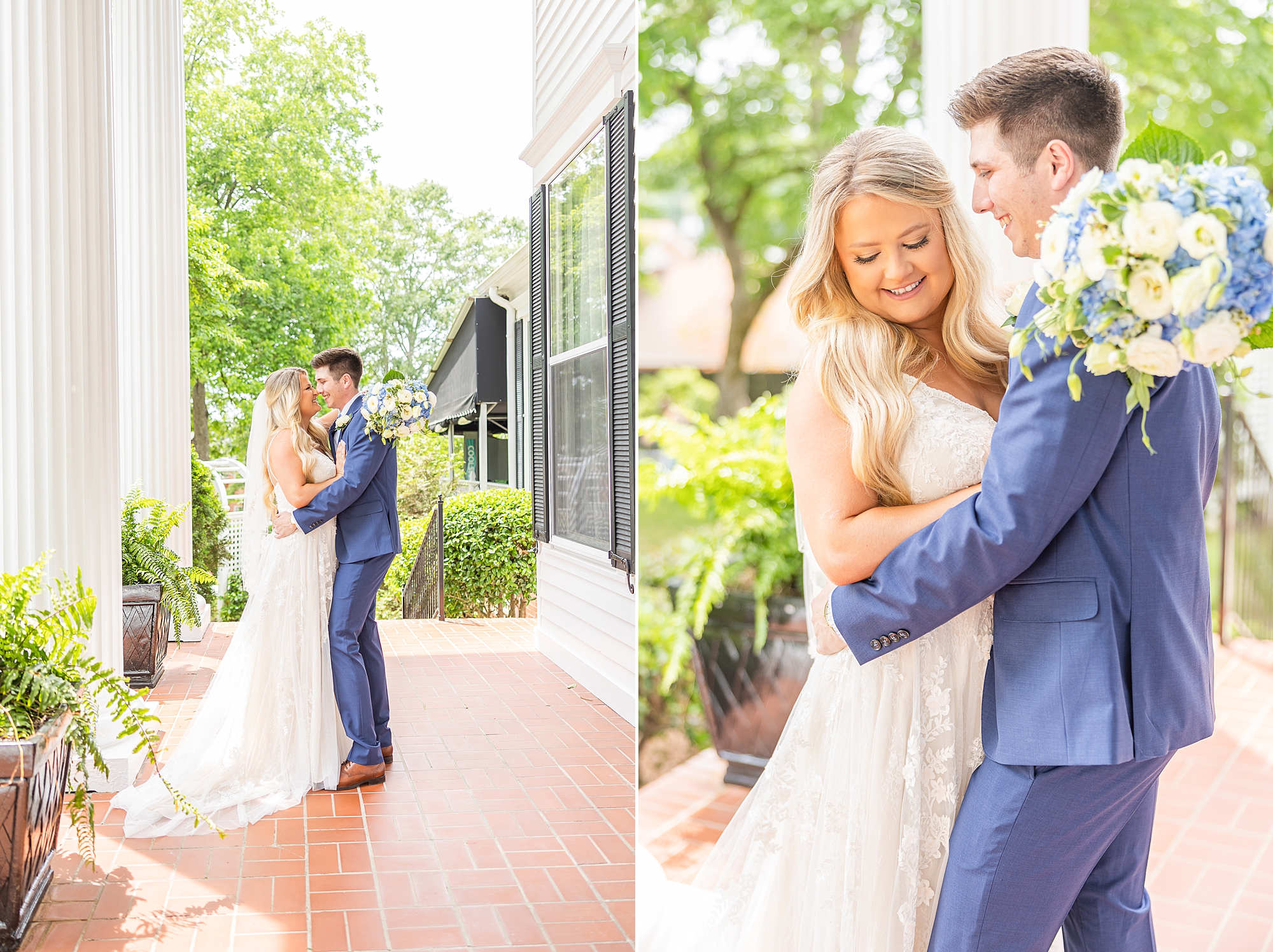 bride and groom hug on patio at GA wedding venue