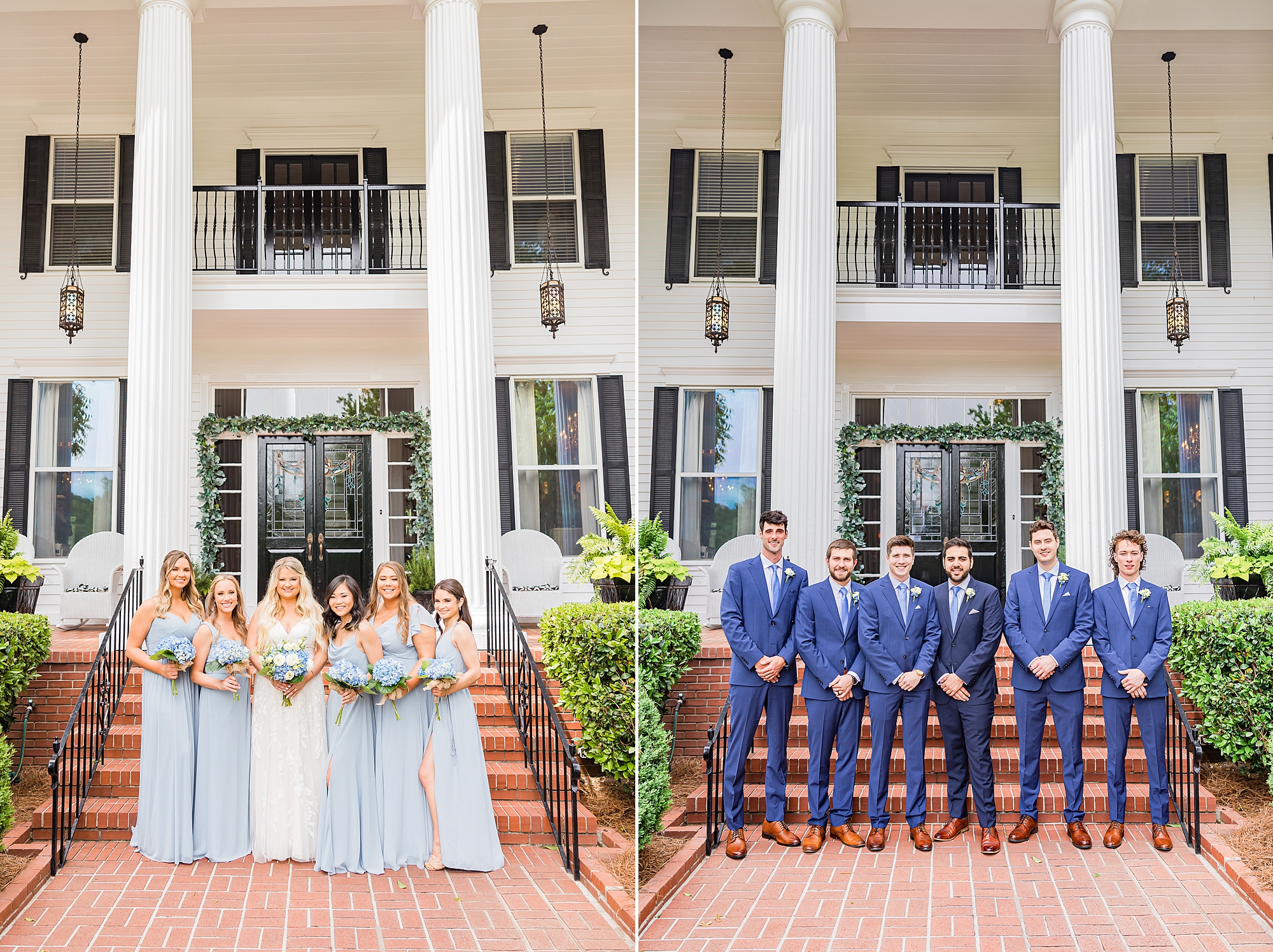 wedding party poses outside Victoria Belle Mansion in blue attire for spring wedding