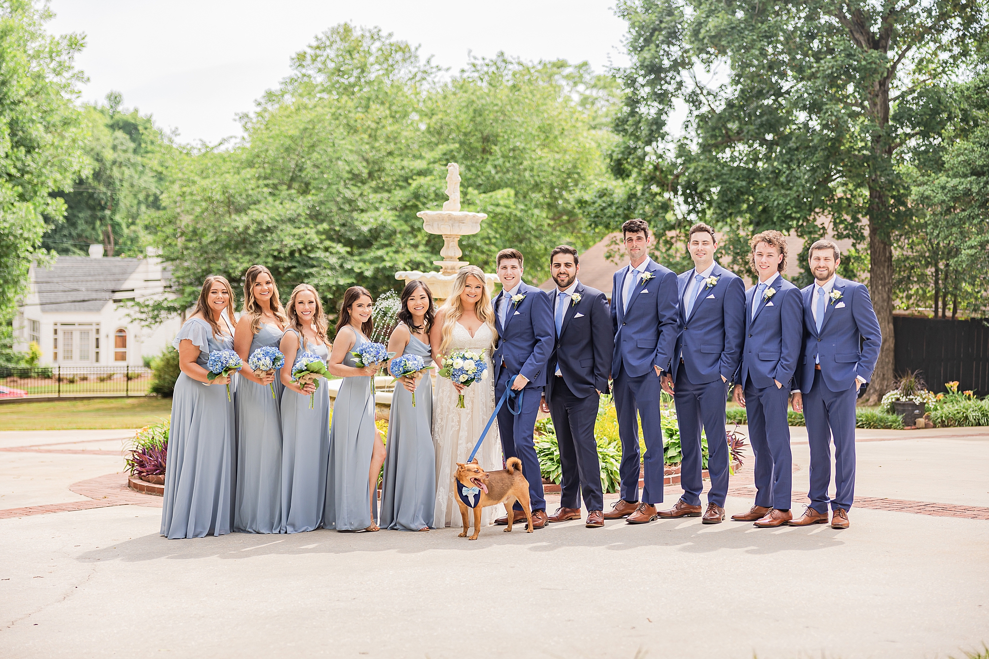 newlyweds pose with dog and wedding party