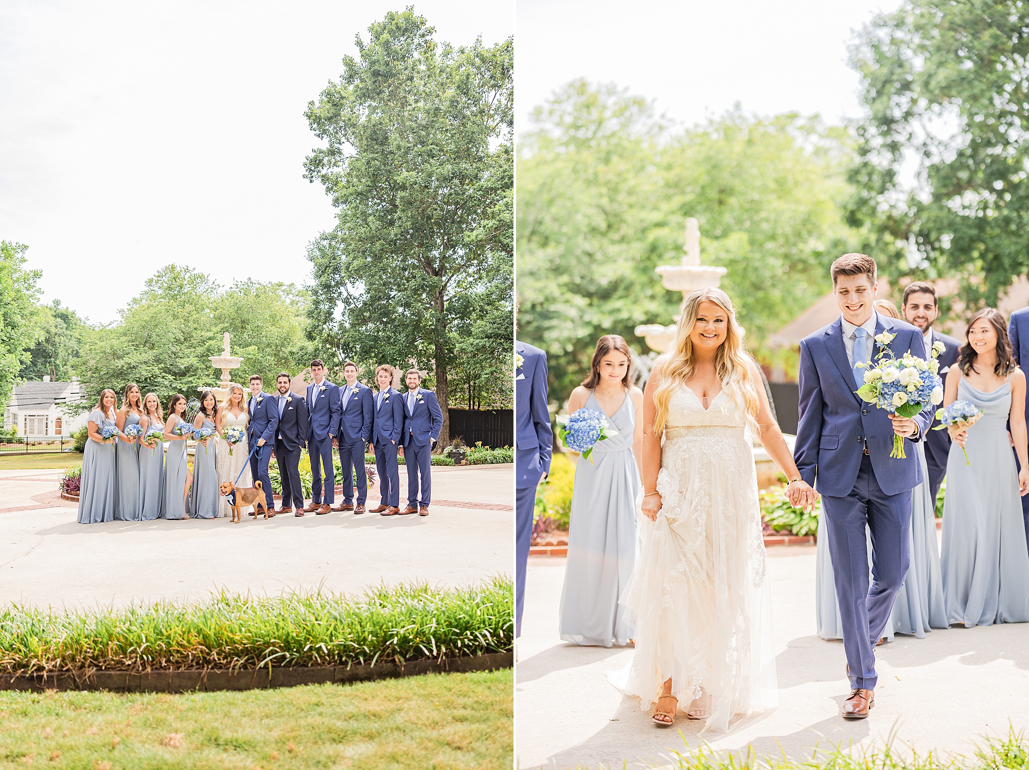 bride and groom walk through gardens at Victoria Belle Mansion with bridal party 