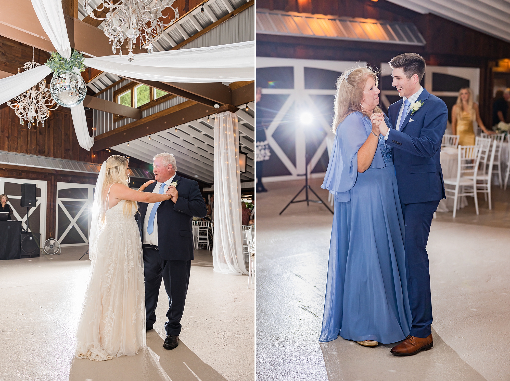 bride and groom dance with parents at Vintage White Barn