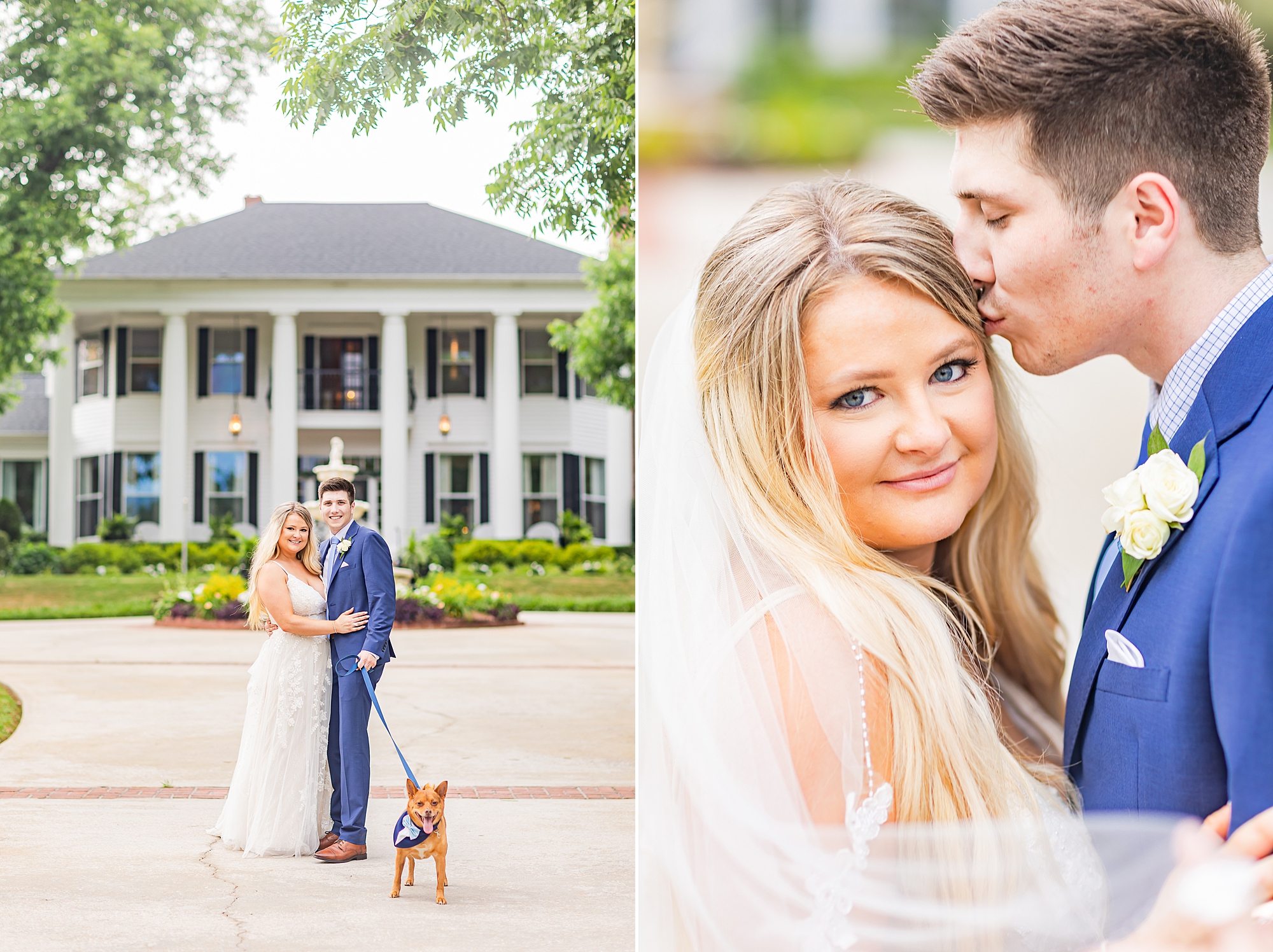 groom kisses bride's forehead during Victoria Belle Mansion wedding photos