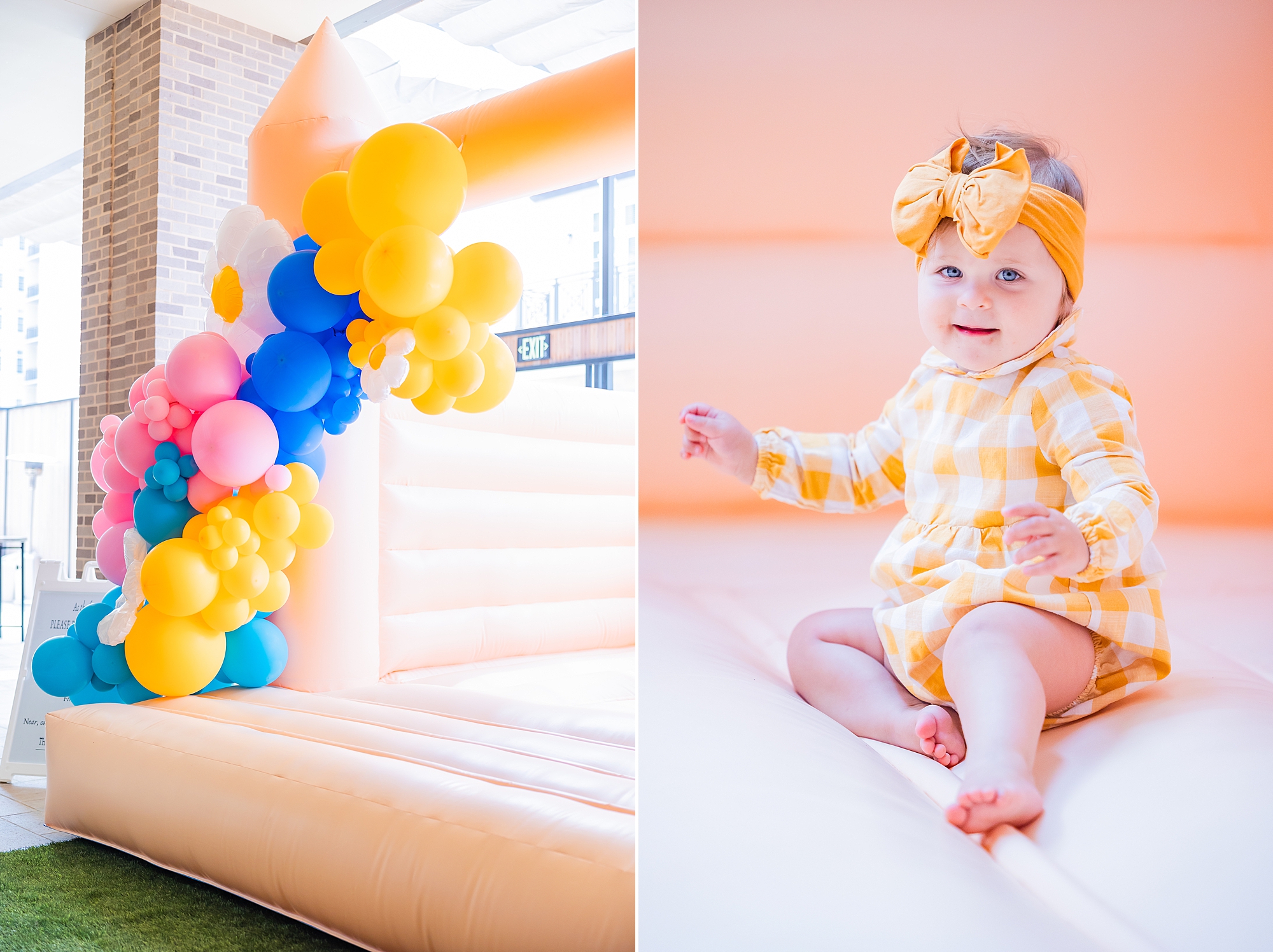 baby sits on bounce house during CLT Find Canopy Pop-Up Event