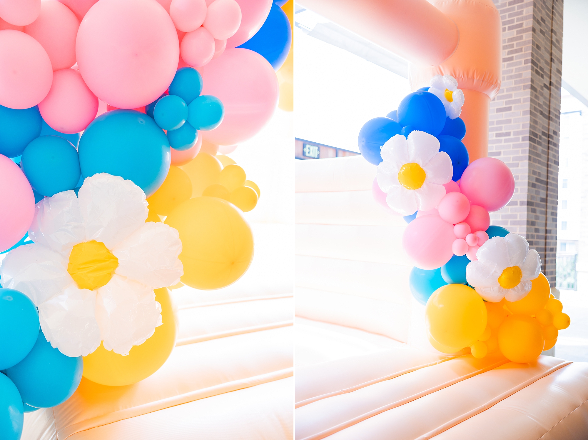 colorful balloon arch on White Bounce House display 