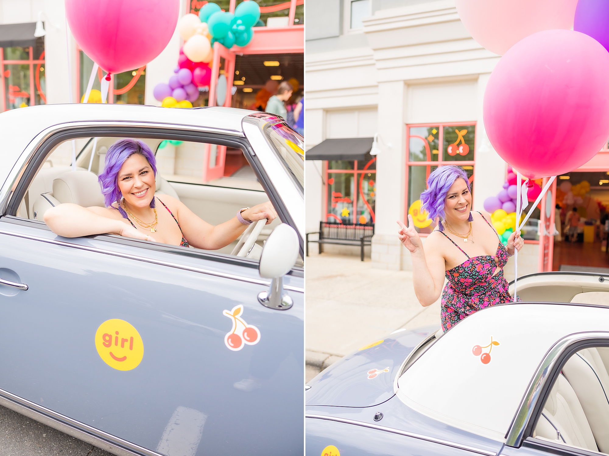 woman sits in purple car outside Girl Supply during branding photos in Birkdale Village