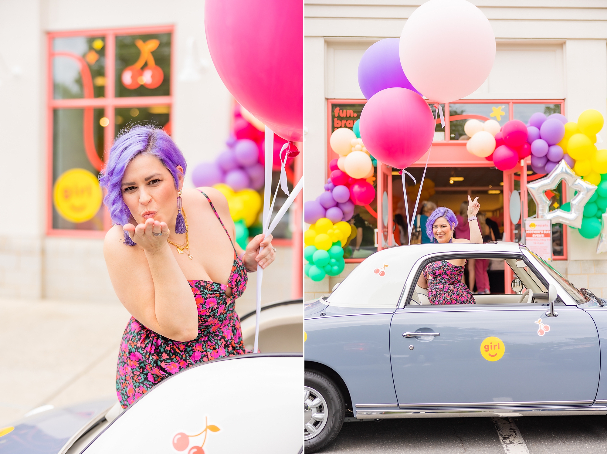 woman with purple hair holds bright balloons and blows kiss during branding photos in Birkdale Village