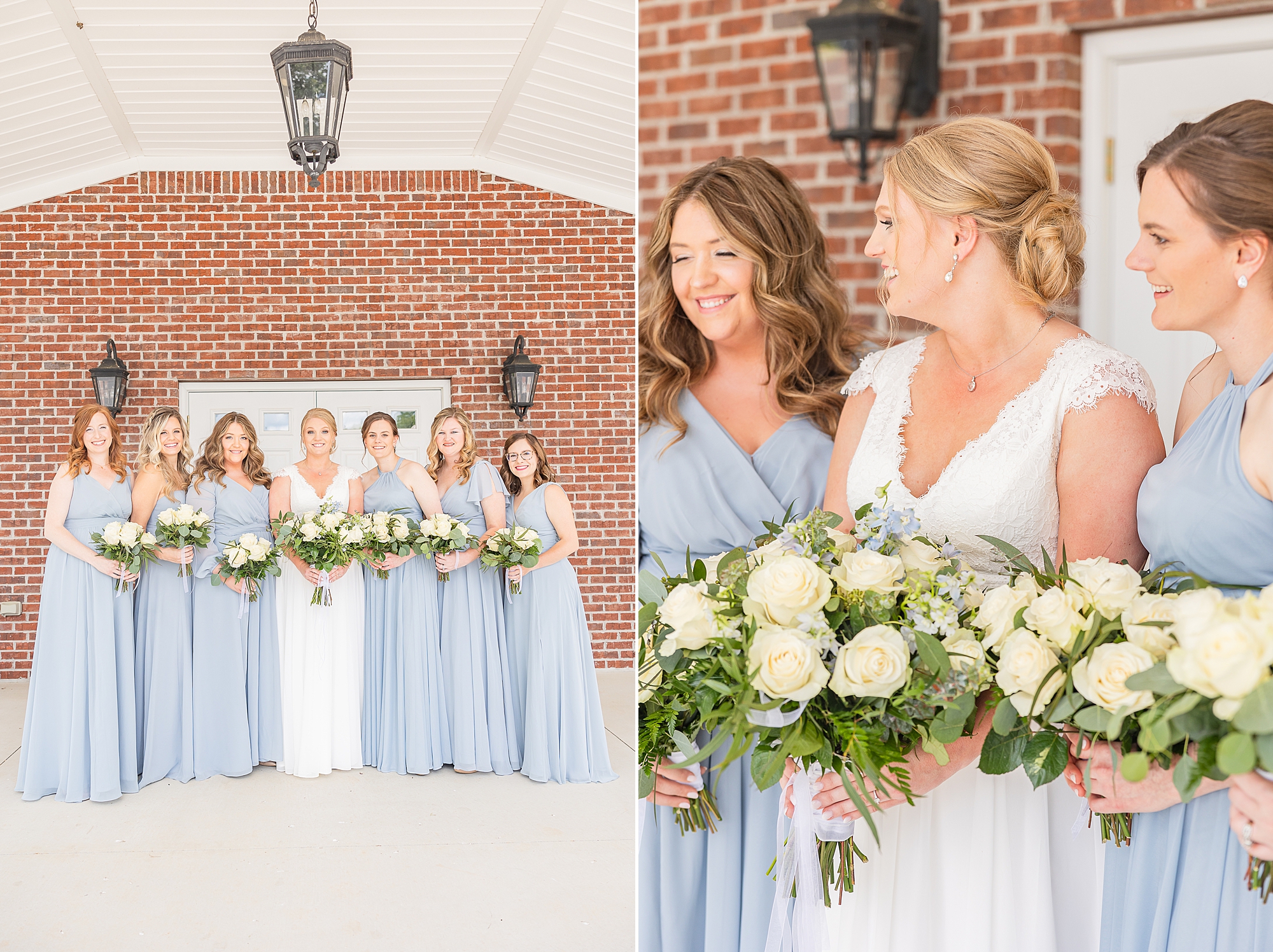 bride looks at bridesmaids in light blue gowns