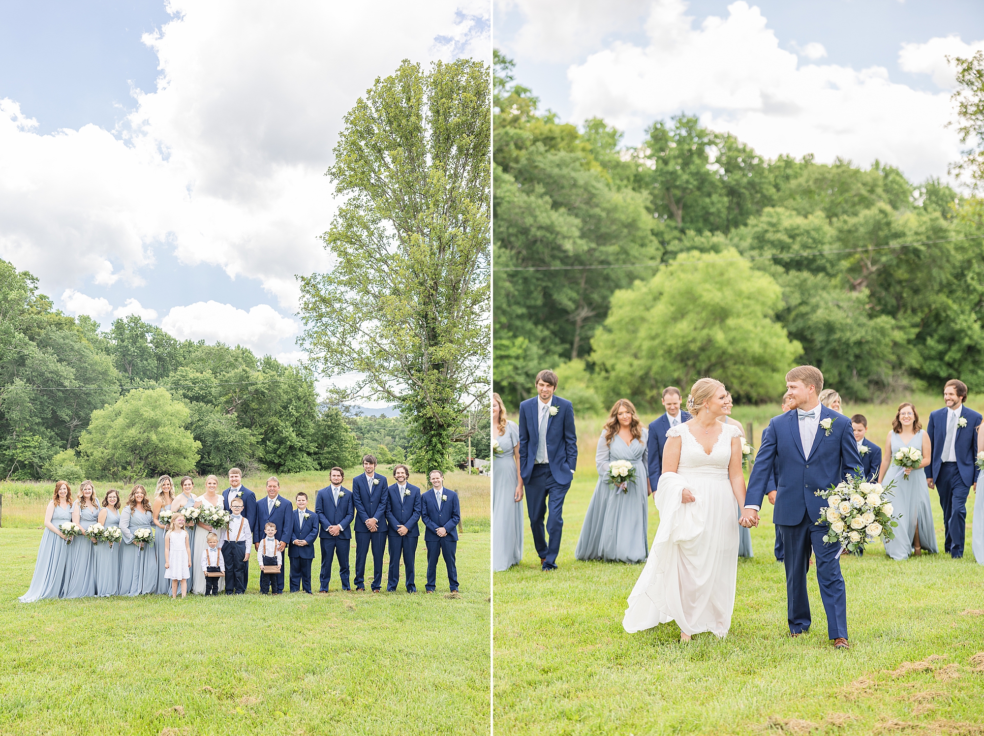newlyweds walk through field with wedding party in blue attire