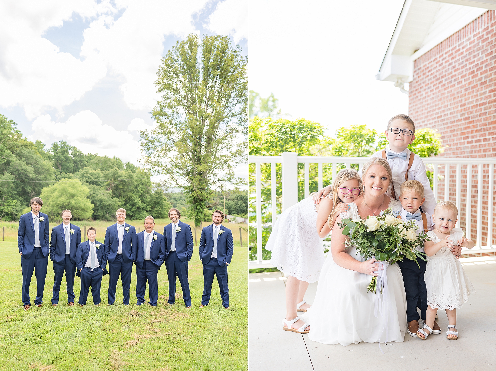 bride poses with ring bearers and flower girls