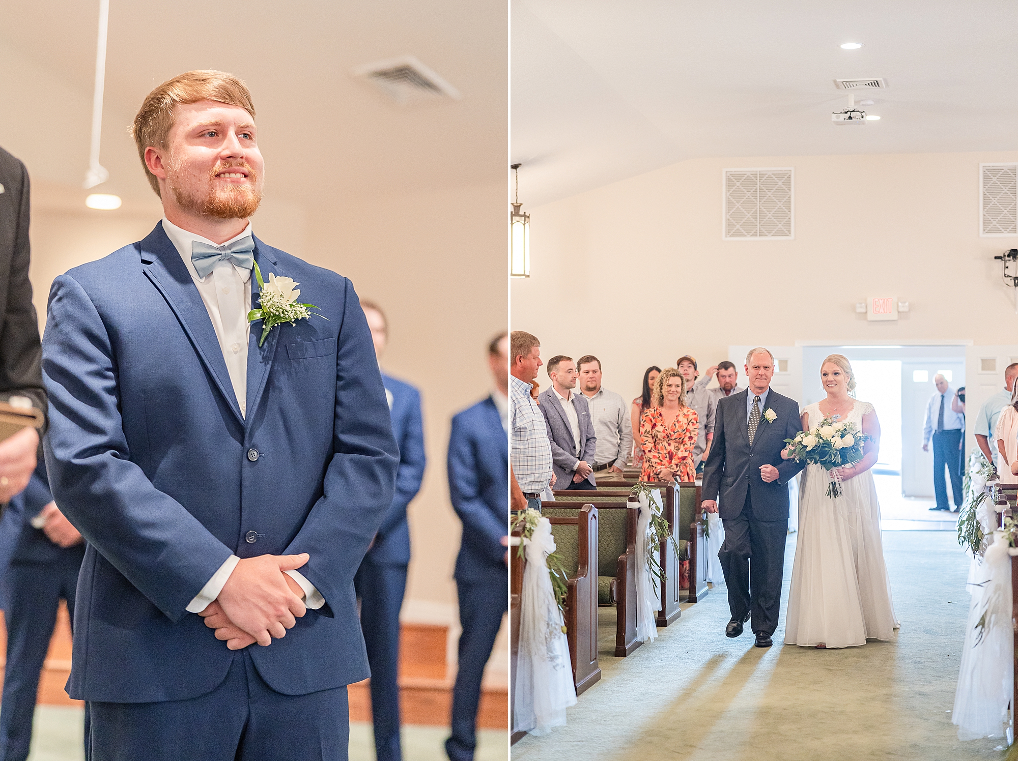 groom watches bride walk down aisle during Blairsville GA wedding ceremony