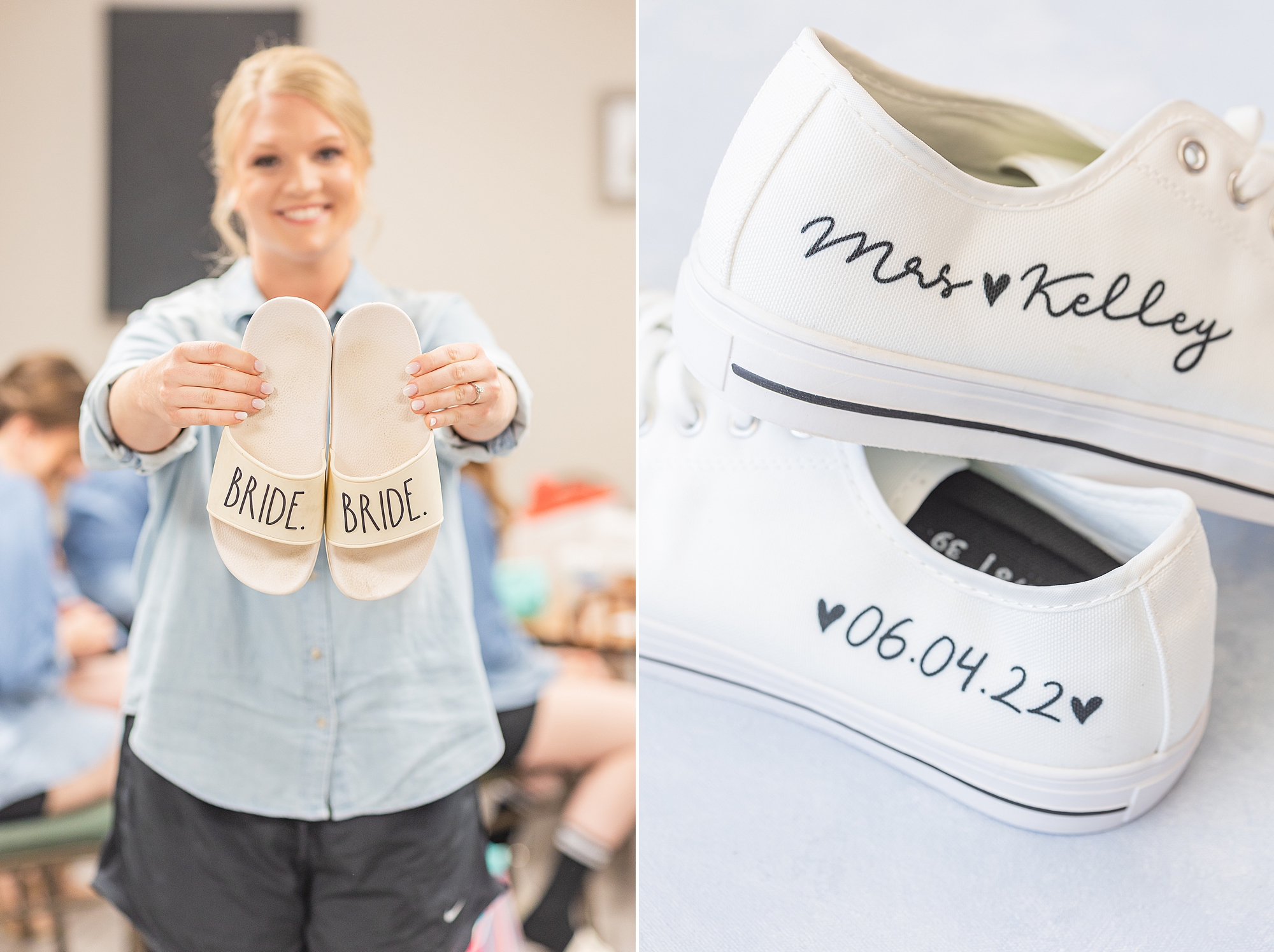 bride holds up custom shoes for Blairsville GA wedding
