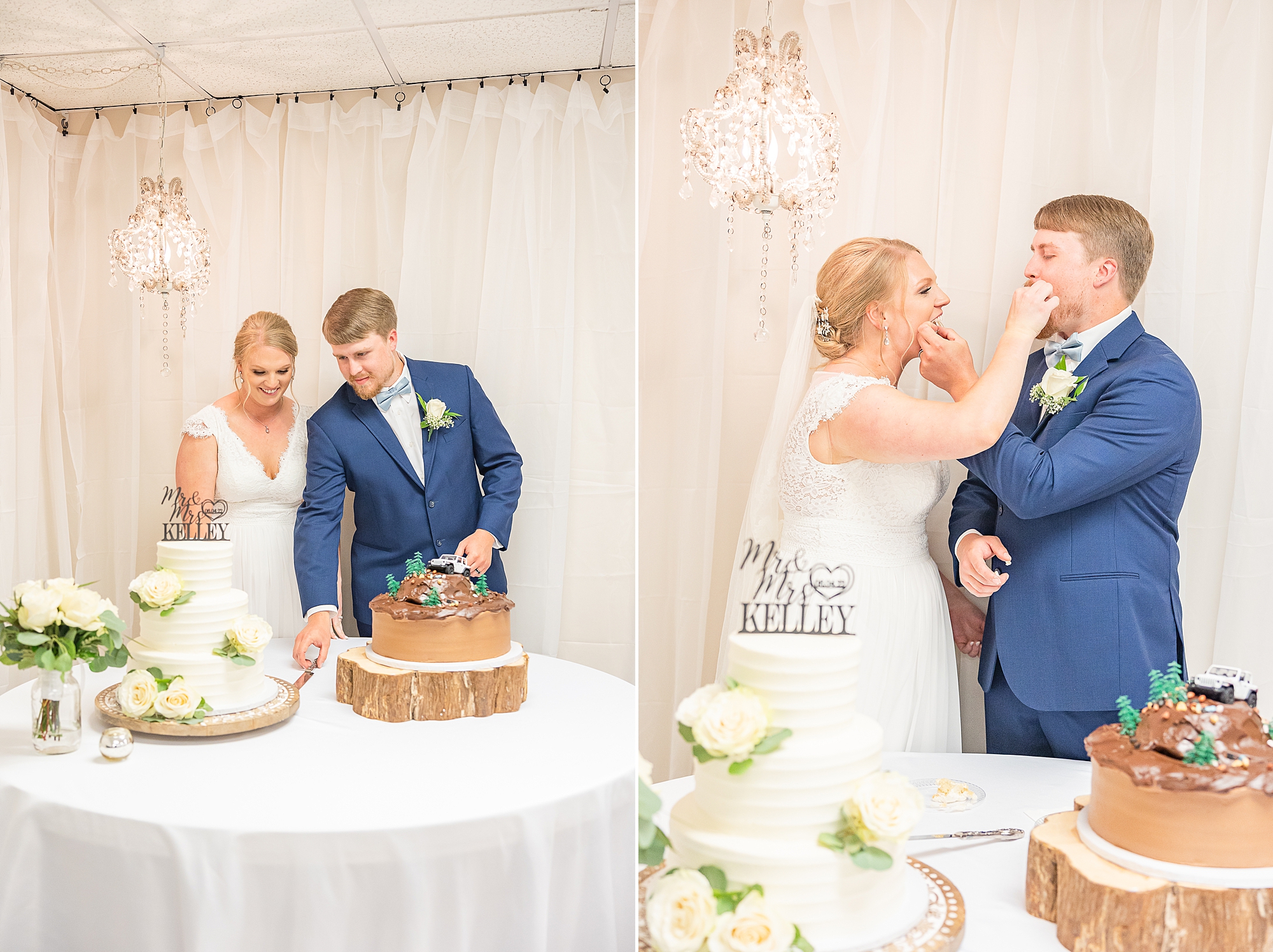 couple cuts wedding cake during Blairsville GA wedding reception