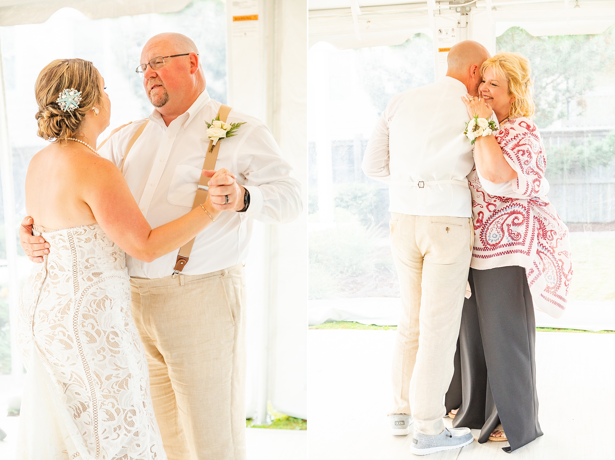 bride and groom dance with parents during NC wedding reception 